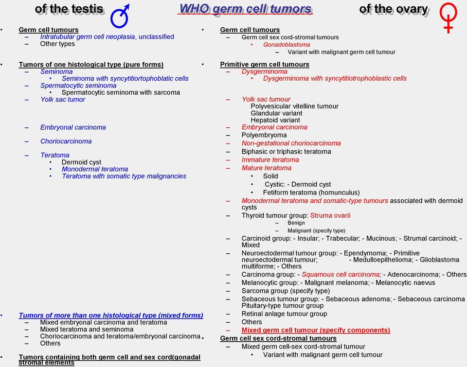 somatic type malignancies Tumors of more than one histological type (mixed forms) Mixed embryonal carcinoma and teratoma Mixed teratoma and seminoma Choriocarcinoma and teratoma/embryonal carcinoma