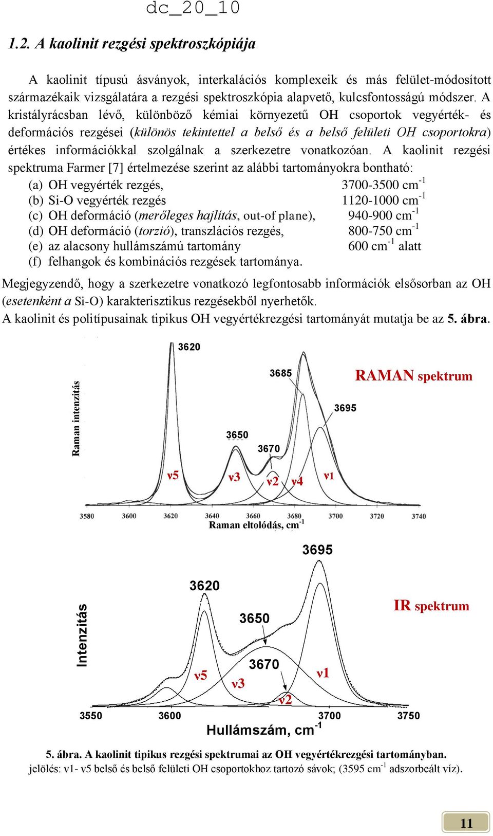 A kristályrácsban lévő, különböző kémiai környezetű OH csoportok vegyérték- és deformációs rezgései (különös tekintettel a belső és a belső felületi OH csoportokra) értékes információkkal szolgálnak