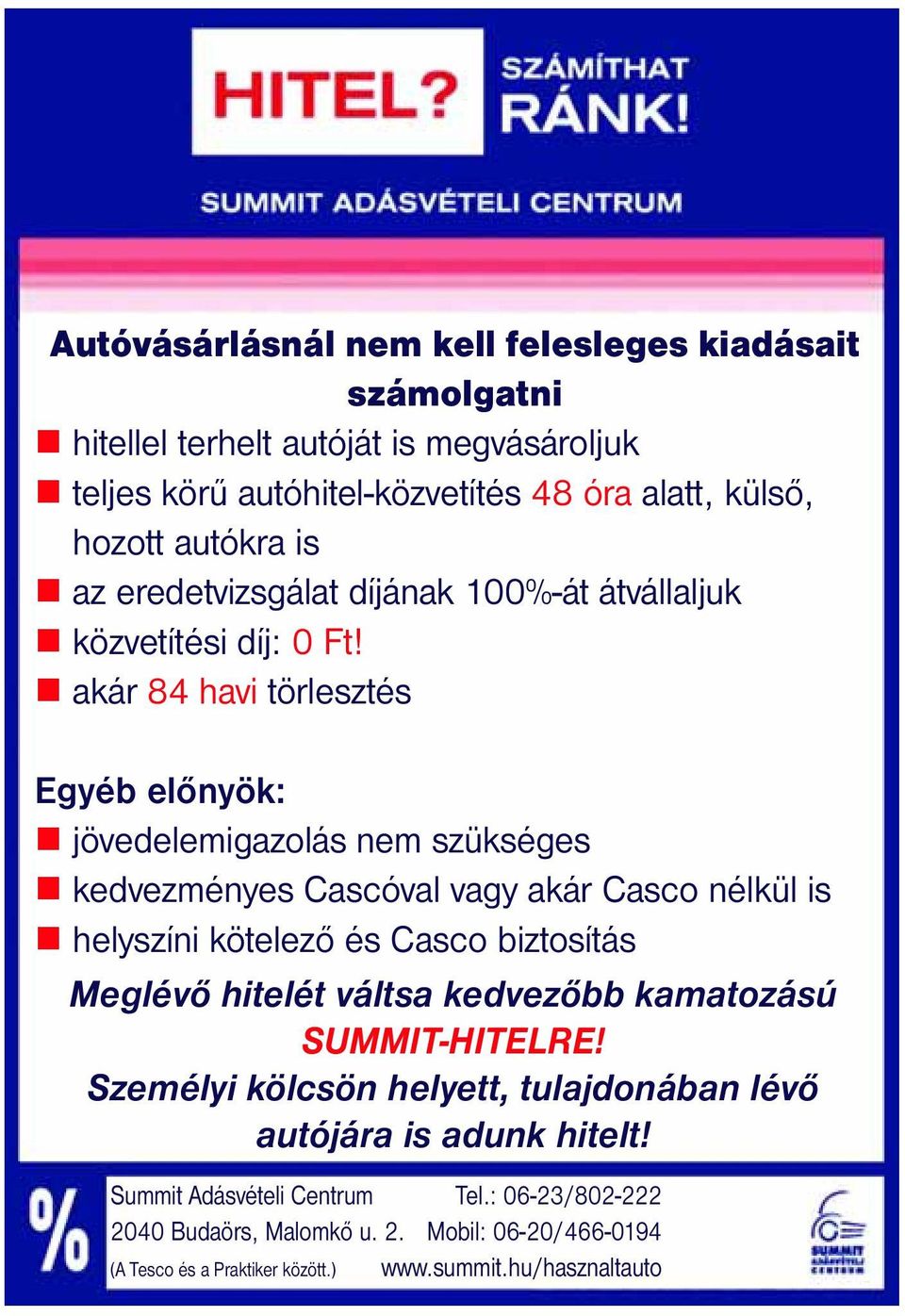 akár 84 havi törlesztés Egyéb előnyök: jövedelemigazolás nem szükséges kedvezményes Cascóval vagy akár Casco nélkül is helyszíni kötelező és Casco biztosítás Meglévő