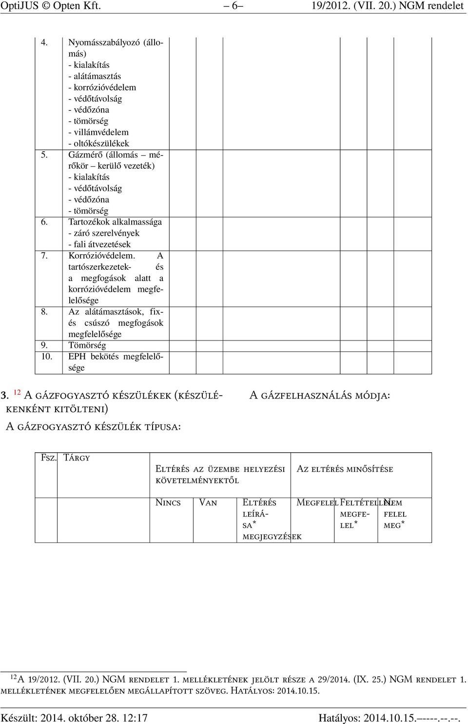 Gázmérő (állomás mérőkör kerülő vezeték) - kialakítás - védőtávolság - védőzóna - tömörség 6. Tartozékok alkalmassága - záró szerelvények - fali átvezetések 7.