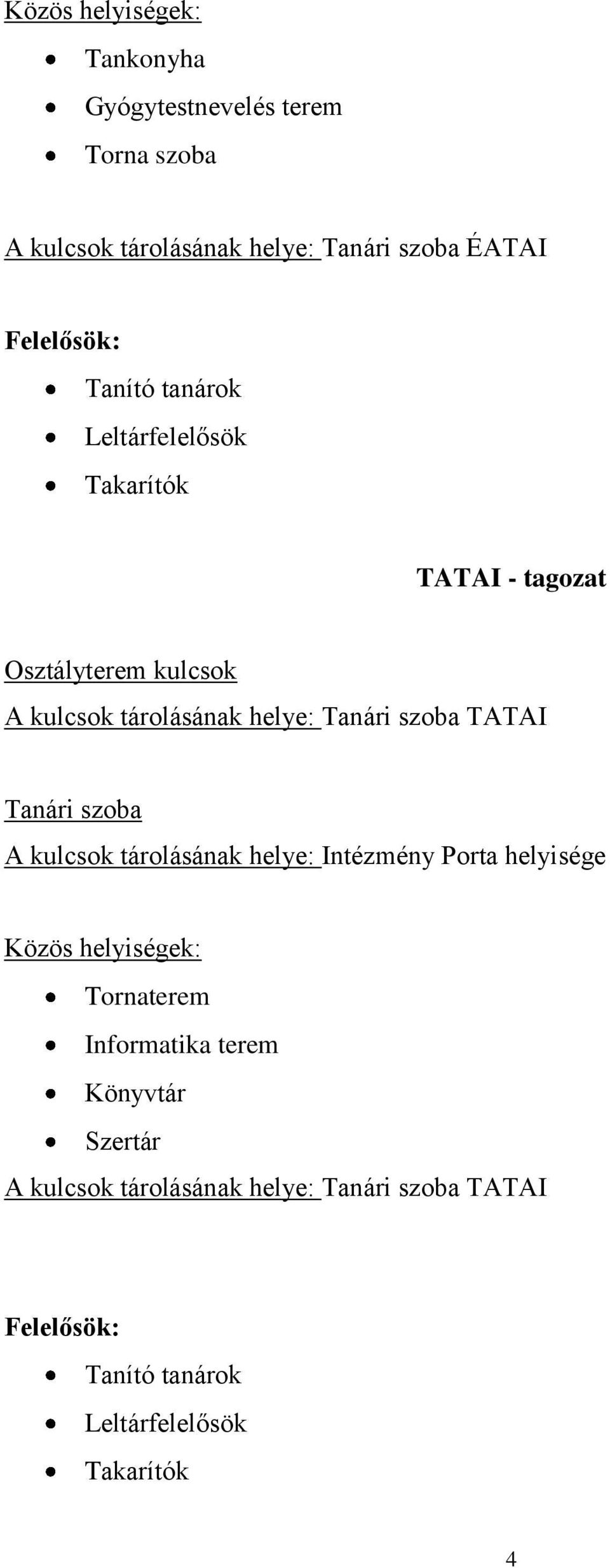 Tanári szoba TATAI Tanári szoba A kulcsok tárolásának helye: Intézmény Porta helyisége Közös helyiségek: Tornaterem