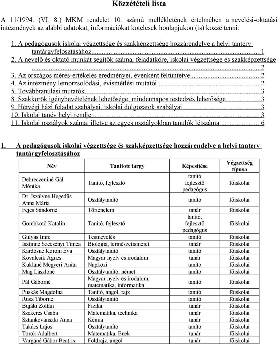 A nevelő és oktató munkát segítők száma, feladatköre, iskolai végzettsége és szakképzettsége... 2 3. Az országos mérés-értékelés eredményei, évenként feltüntetve... 2 4.