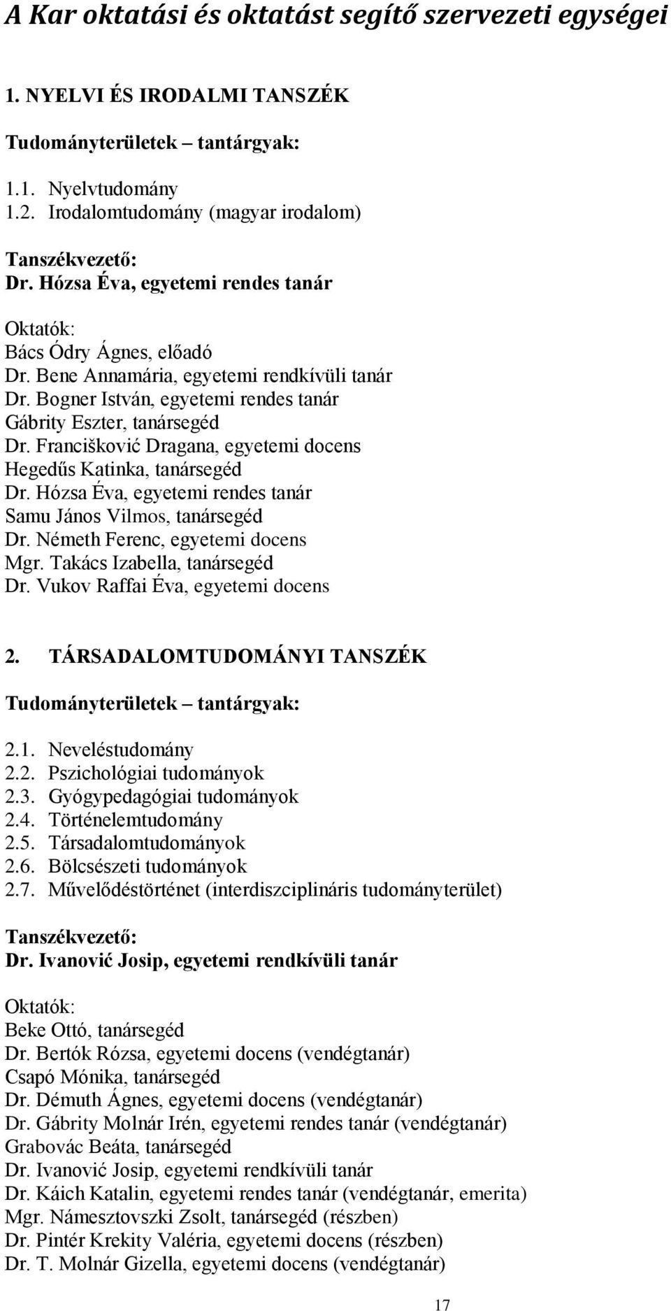 Francišković Dragana, egyetemi docens Hegedűs Katinka, tanársegéd Dr. Hózsa Éva, egyetemi rendes tanár Samu János Vilmos, tanársegéd Dr. Németh Ferenc, egyetemi docens Mgr.