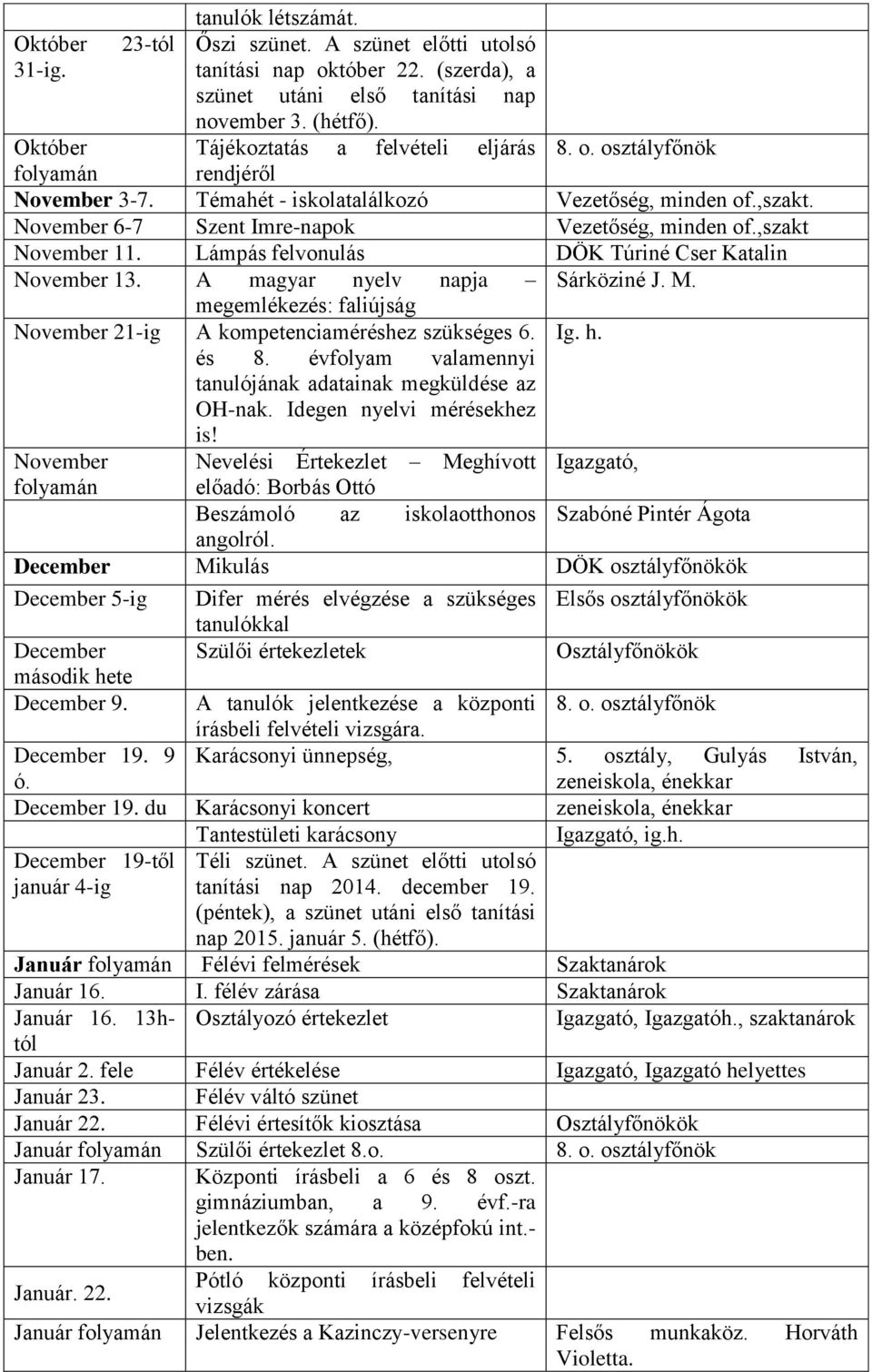 ,szakt November 11. Lámpás felvonulás DÖK Túriné Cser Katalin November 13. A magyar nyelv napja Sárköziné J. M. megemlékezés: faliújság November 21-ig A kompetenciaméréshez szükséges 6. Ig. h. és 8.