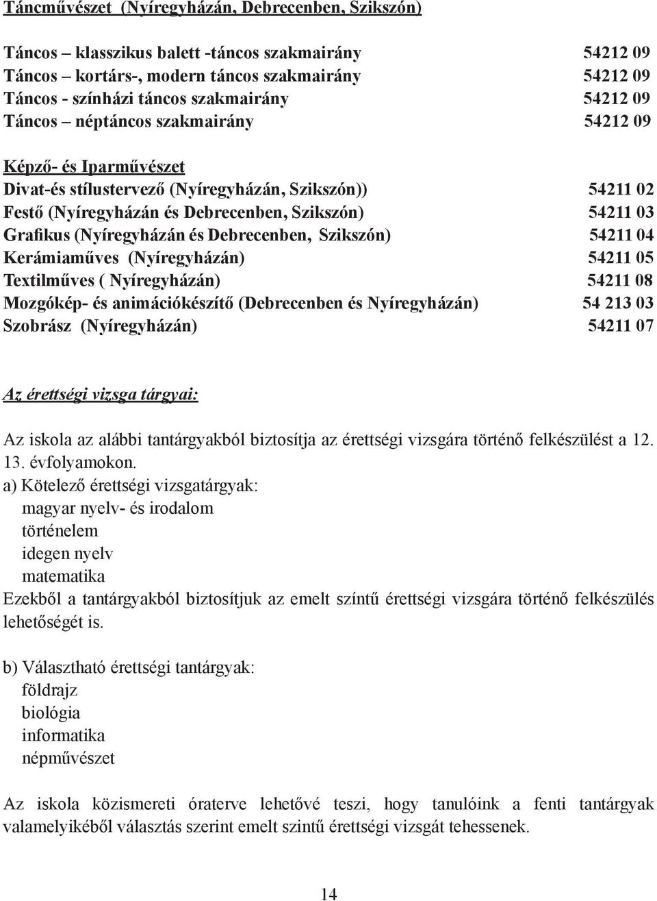 és Debrecenben, Szikszón) 54211 04 Kerámiaműves (Nyíregyházán) 54211 05 Textilműves ( Nyíregyházán) 54211 08 Mozgókép- és animációkészítő (Debrecenben és Nyíregyházán) 54 213 03 Szobrász