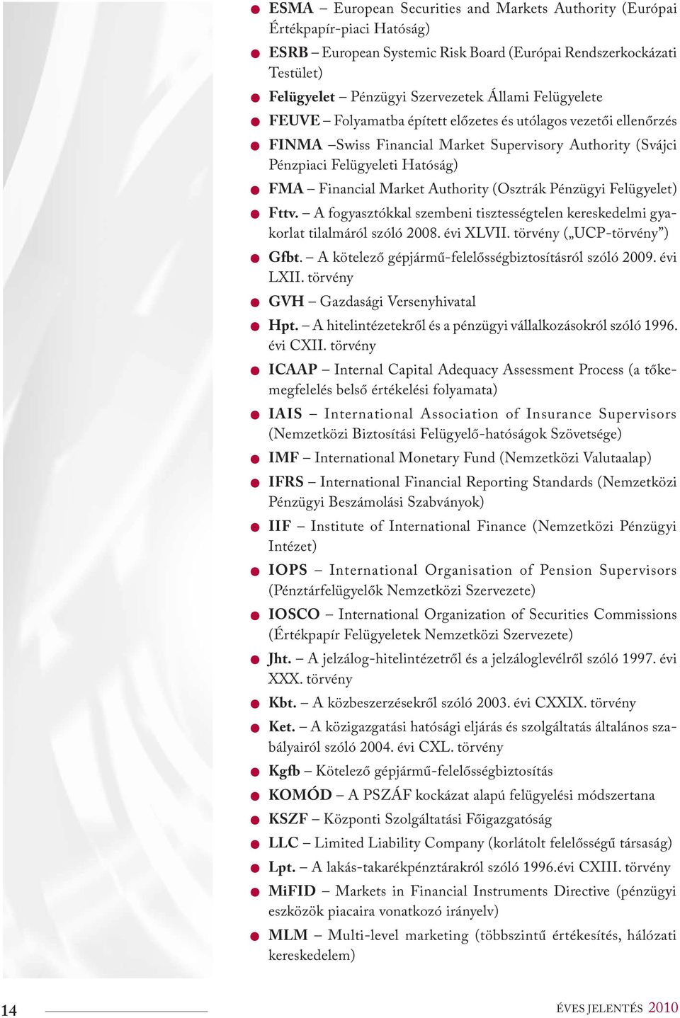 Authority (Osztrák Pénzügyi Felügyelet) zfttv. A fogyasztókkal szembeni tisztességtelen kereskedelmi gyakorlat tilalmáról szóló 2008. évi XLVII. törvény ( UCP-törvény ) zgfbt.