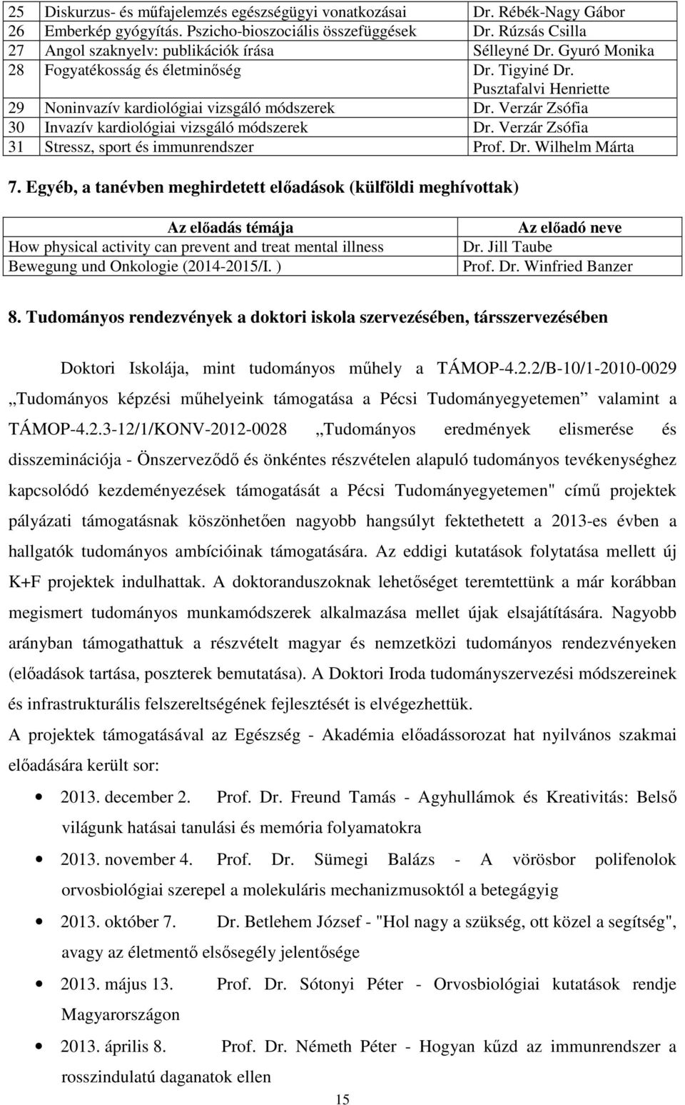 Verzár Zsófia 30 Invazív kardiológiai vizsgáló módszerek Dr. Verzár Zsófia 31 Stressz, sport és immunrendszer Prof. Dr. Wilhelm Márta 7.