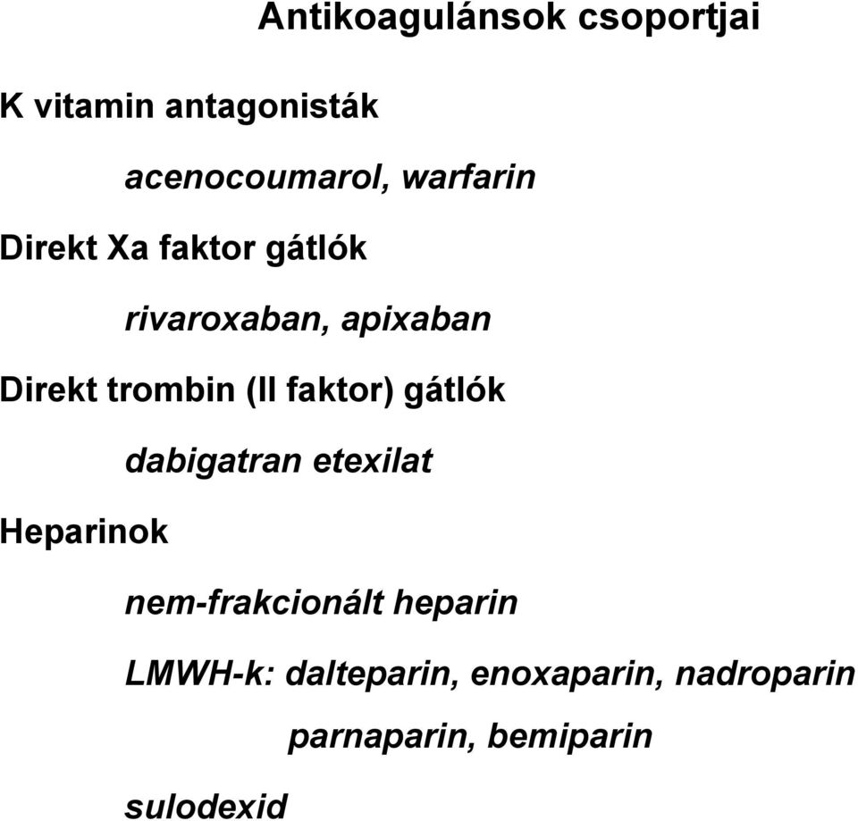 (II faktor) gátlók dabigatran etexilat Heparinok nem-frakcionált