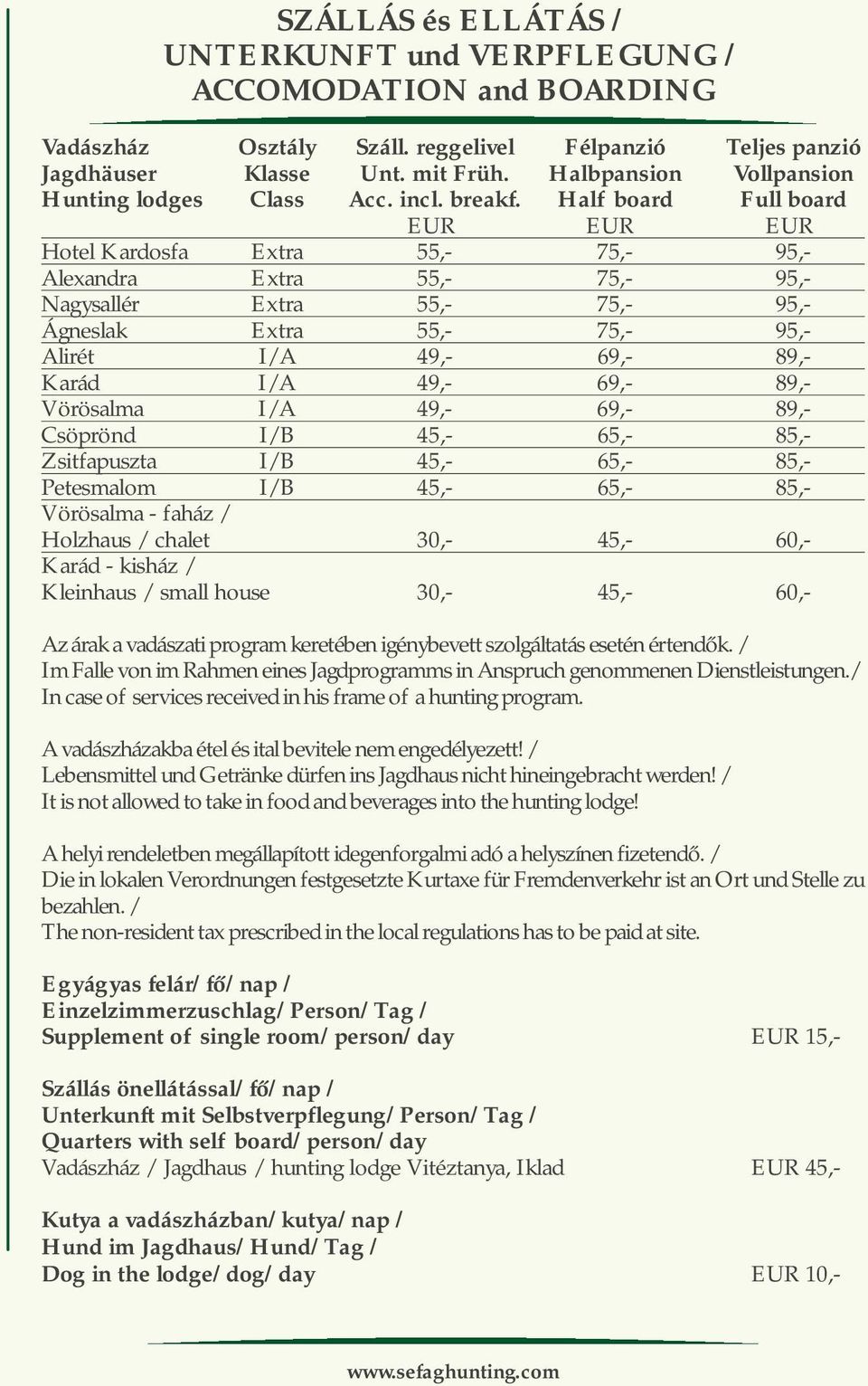 Half board Full board EUR EUR EUR Hotel Kardosfa Extra 55,- 75,- 95,- Alexandra Extra 55,- 75,- 95,- Nagysallér Extra 55,- 75,- 95,- Ágneslak Alirét Extra I/A 55,- 49,- 75,- 69,- 95,- 89,- Karád I/A