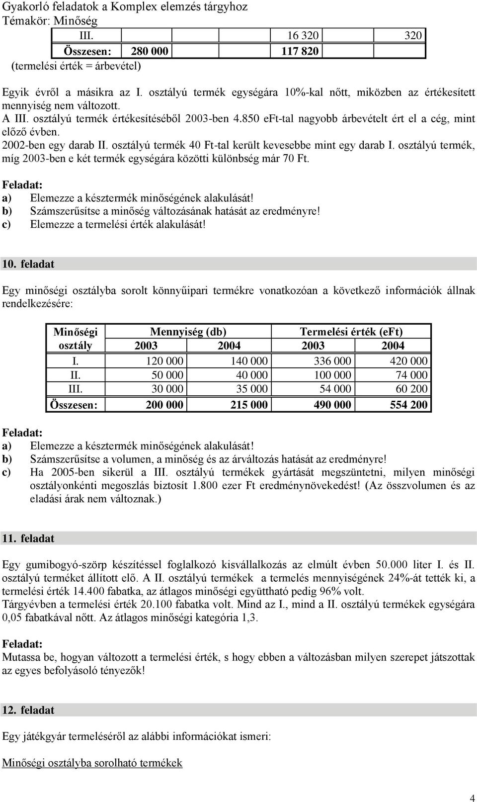 22ben egy darab II. ályú termék 4 Fttal került kevesebbe mint egy darab I. ályú termék, míg 23ben e két termék egységára közötti különbség már 7 Ft. a Elemezze a késztermék minőségének alakulását!