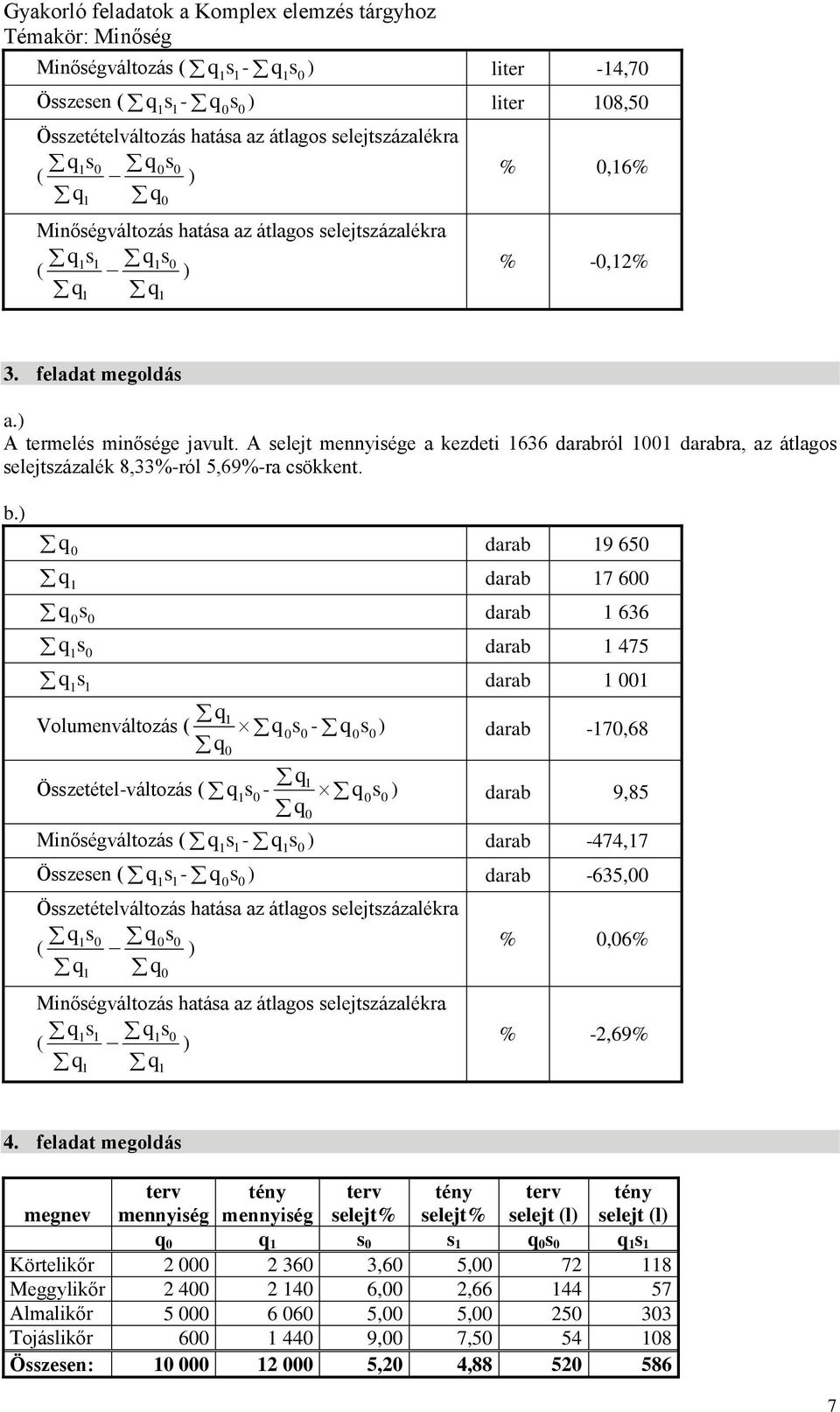 darab 9 65 darab 7 6 s darab 636 s darab 475 s darab Volumenváltozás ( s darab 7,68 Összetételváltozás ( s darab 9,85 Minőségváltozás ( s darab 474,7 Összesen ( s darab 635, Összetételváltozás hatása