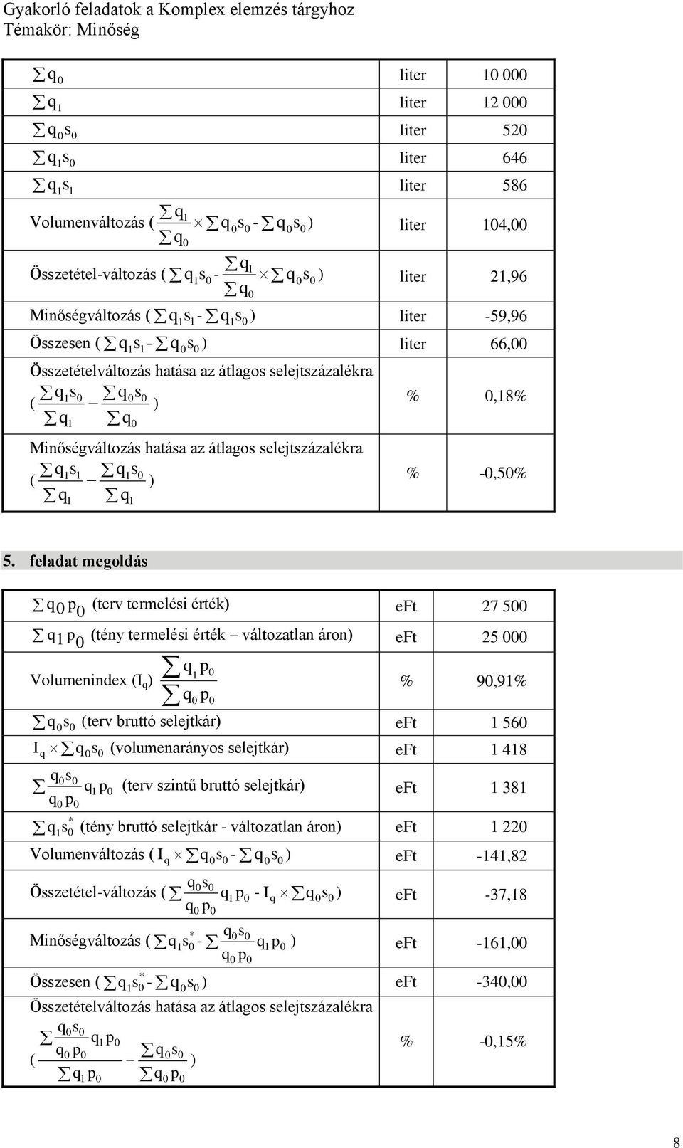 feladat megoldás (terv termelési érték eft 27 5 (tény termelési érték változatlan áron eft 25 Volumenindex (I % 9,9% s (terv bruttó selejtkár eft 56 I s (volumenarányos selejtkár eft 48 s (terv