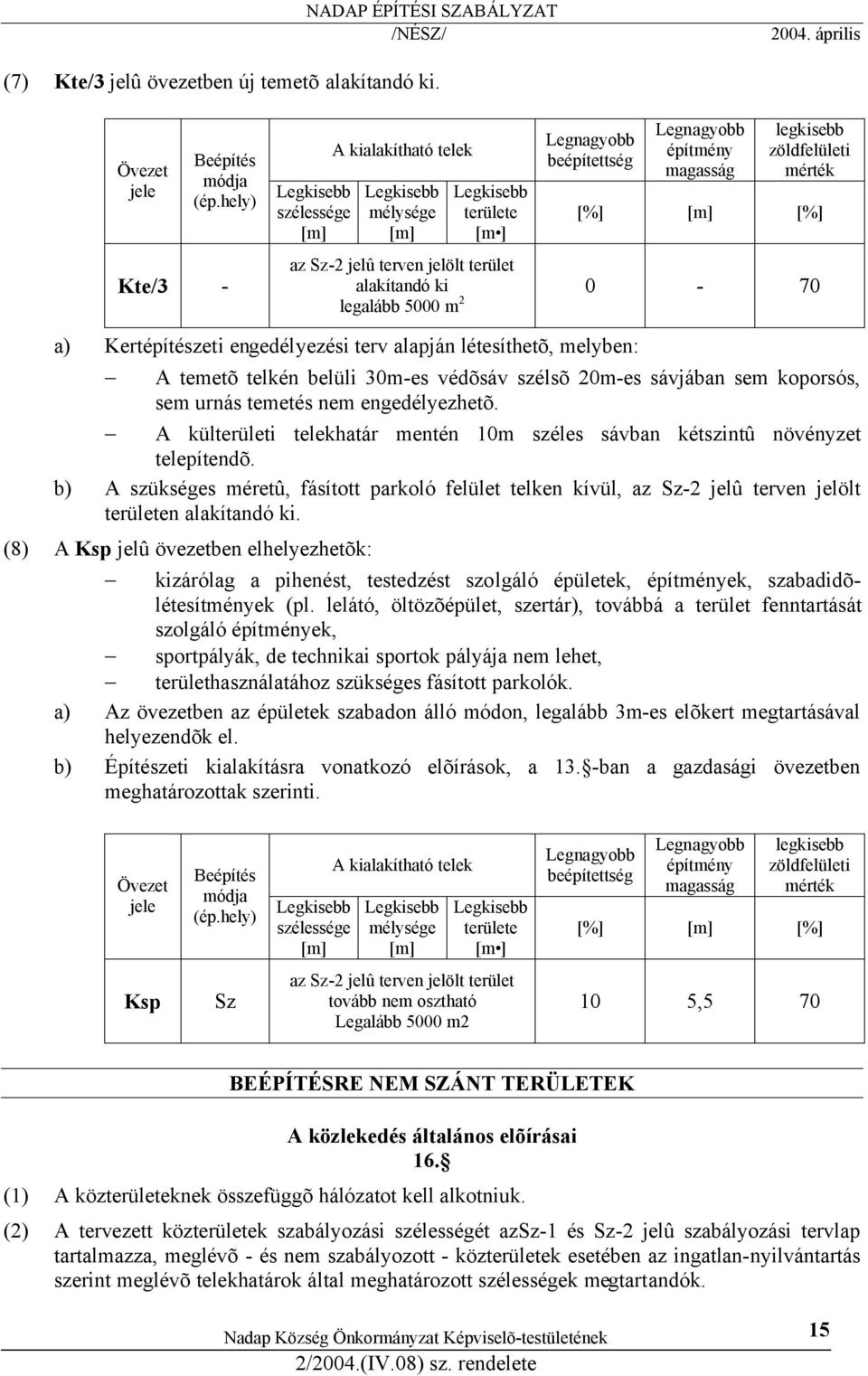 mérték [%] [m] [%] 0-70 a) Kertépítészeti engedélyezési terv alapján létesíthetõ, melyben: A temetõ telkén belüli 30m-es védõsáv szélsõ 20m-es sávjában sem koporsós, sem urnás temetés nem