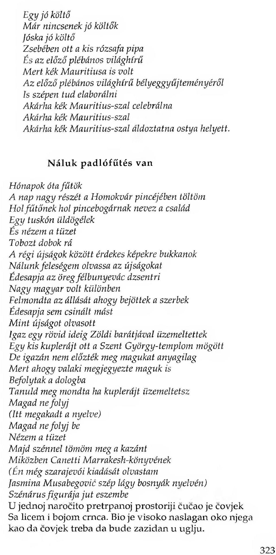 Náluk padlófűtés van Hónapok óta fűtök A nap nagy részét a Homokvár pincéjében töltöm Hol fűtőnek hol pincebogárnak nevez a család Egy tuskón üldögélek És nézem a tüzet Tobozt dobok rá A régi újságok