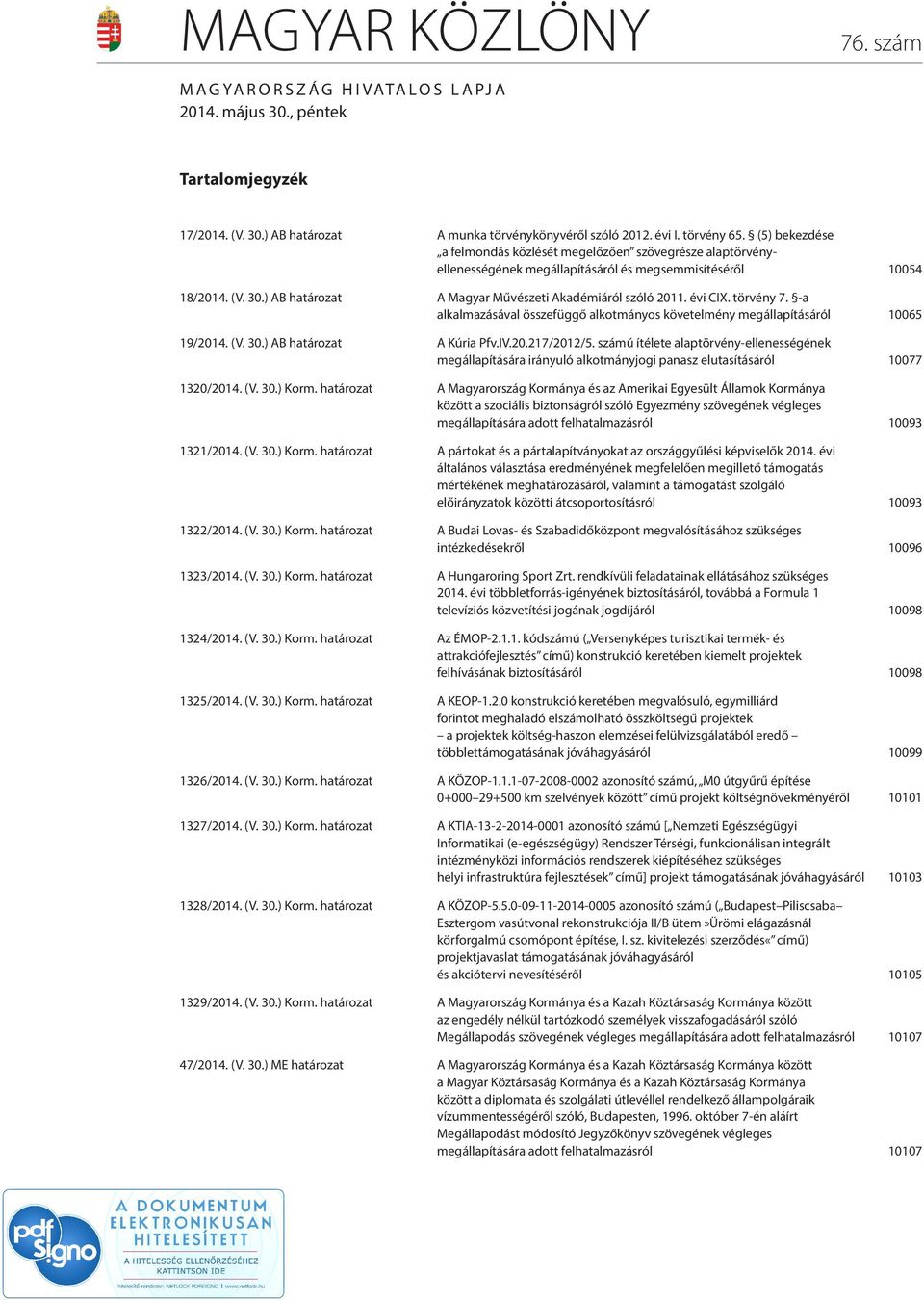 ) AB határozat A Magyar Művészeti Akadémiáról szóló 2011. évi CIX. törvény 7. -a alkalmazásával összefüggő alkotmányos követelmény megállapításáról 10065 19/2014. (V. 30.) AB határozat A Kúria Pfv.IV.