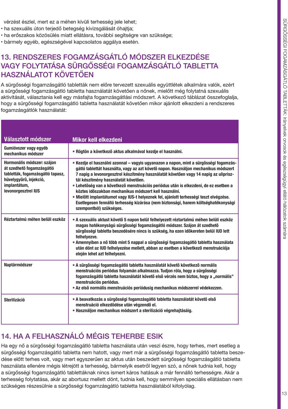 Rendszeres fogamzásgátló módszer elkezdése vagy folytatása sürgősségi fogamzásgátló tabletta használatot követően A sürgősségi fogamzásgátló tabletták nem előre tervezett szexuális együttlétek