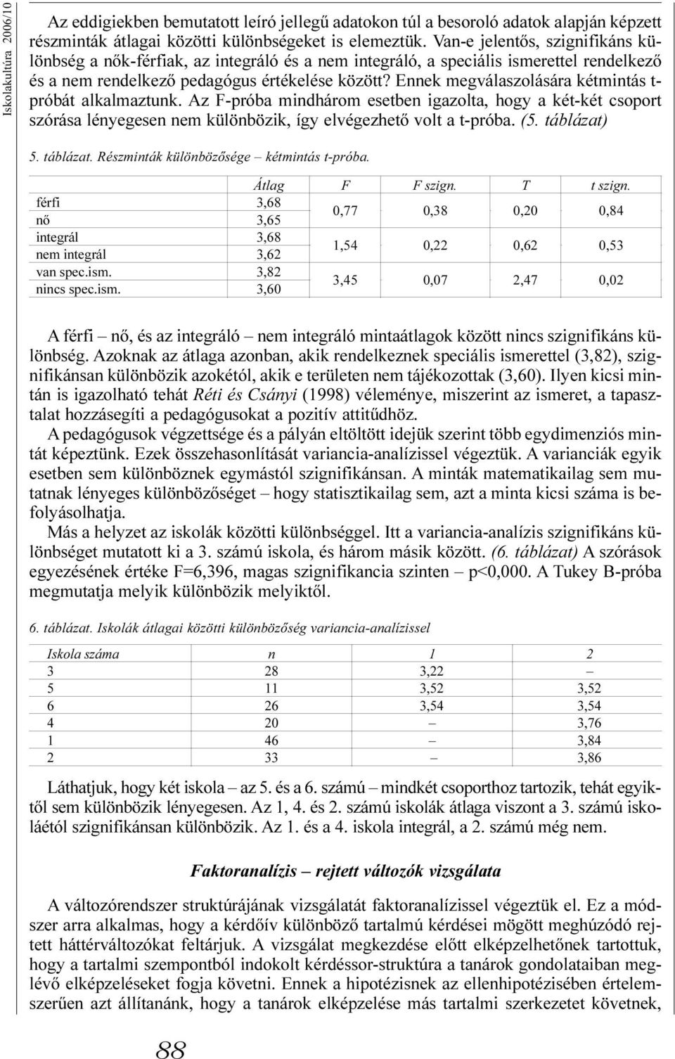 Ennek megválaszolására kétmintás t- próbát alkalmaztunk. Az F-próba mindhárom esetben igazolta, hogy a két-két csoport szórása lényegesen nem különbözik, így elvégezhetõ volt a t-próba. (5.