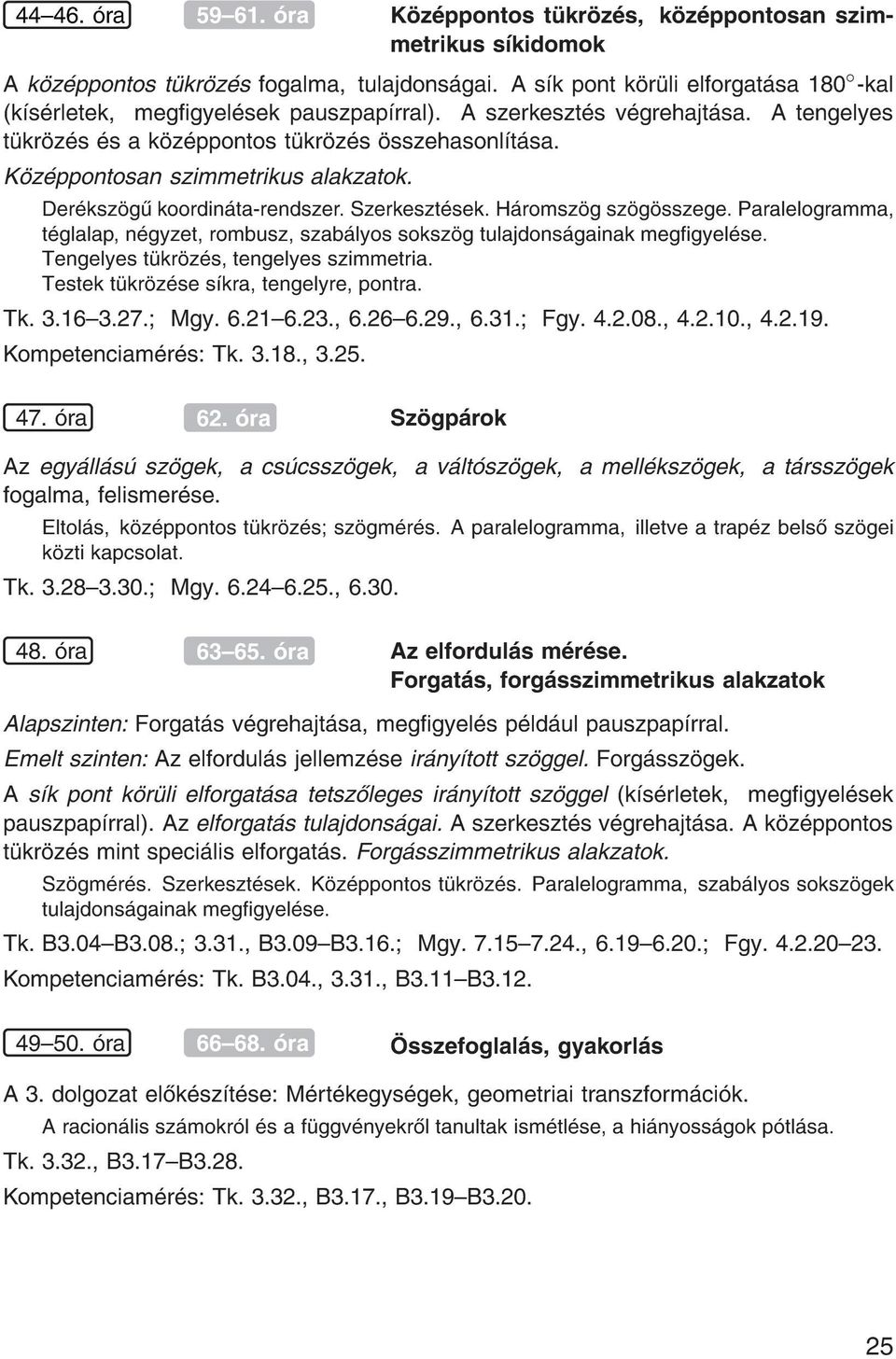 K z ppontosan szimmetrikus alakzatok. Der ksz g koordin ta-rendszer. Szerkeszt sek. H romsz g sz g sszege. Paralelogramma, t glalap, n gyzet, rombusz, szab lyos soksz g tulajdons gainak meggyel se.