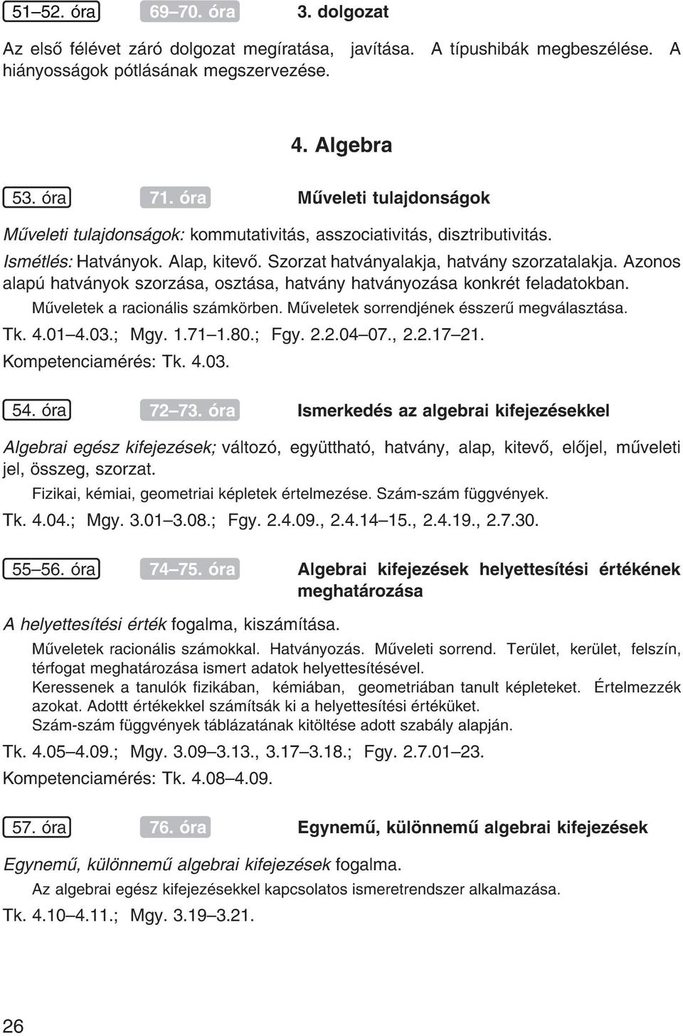 Azonos alap hatv nyok szorz sa, oszt sa, hatv ny hatv nyoz sa konkr t feladatokban. M veletek a racion lis sz mk rben. M veletek sorrendj nek sszer megv laszt sa. Tk. 4.01{4.03. Mgy. 1.71{1.80. Fgy.