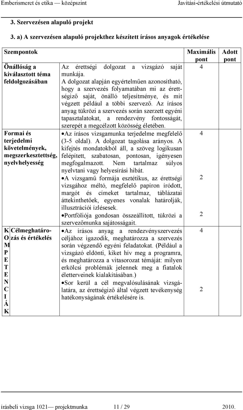 élmeghatározás és értékelés Az érettségi dolgozat a vizsgázó saját munkája.