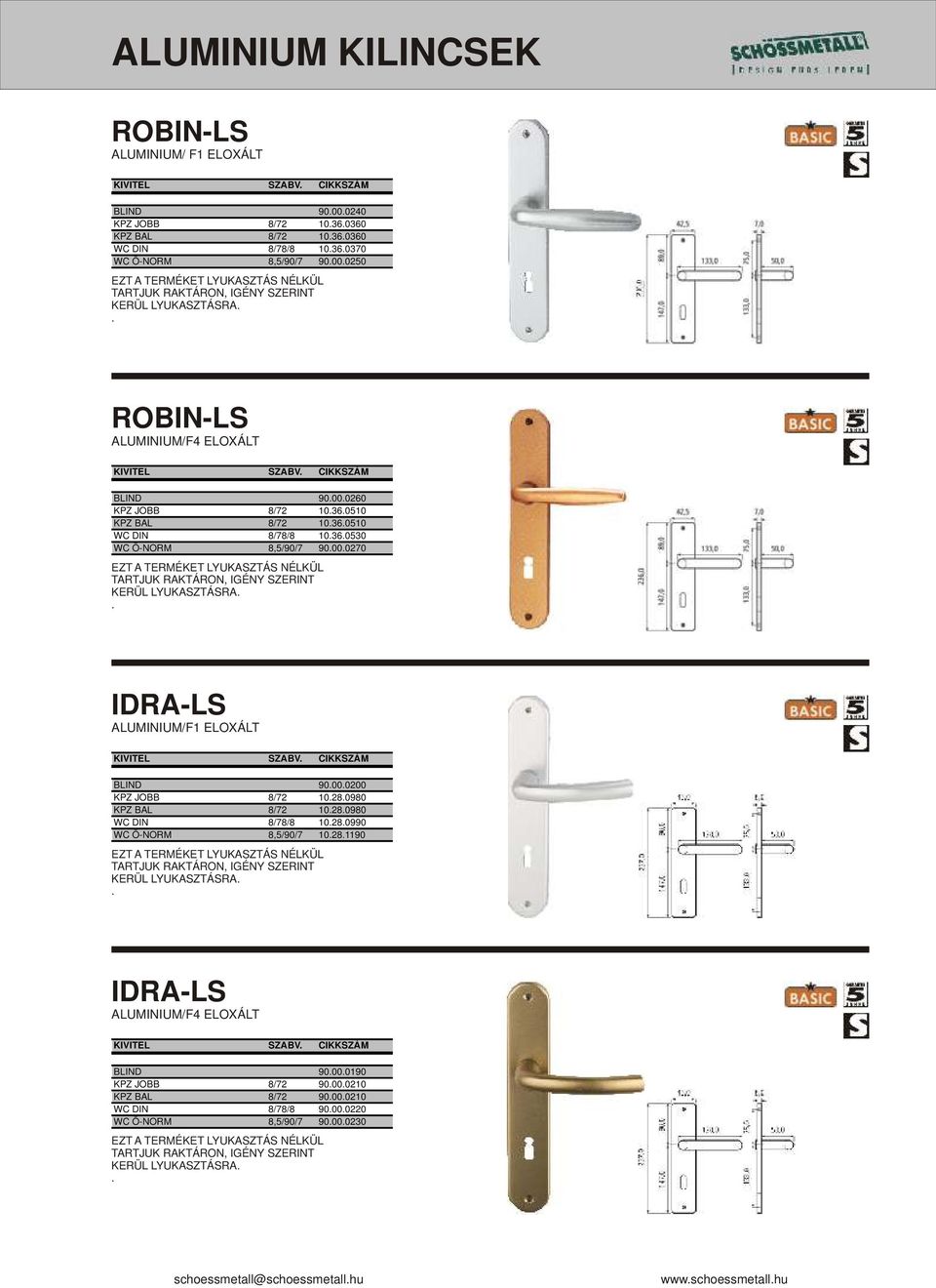 IDRA-LS ALUMINIUM/F1 ELOXÁLT BLIND 90.00.0200 KPZ JOBB 8/72 10.28.0980 KPZ BAL 8/72 10.28.0980 WC DIN 8/78/8 10.28.0990 WC Ö-NORM 8,5/90/7 10.28.1190.