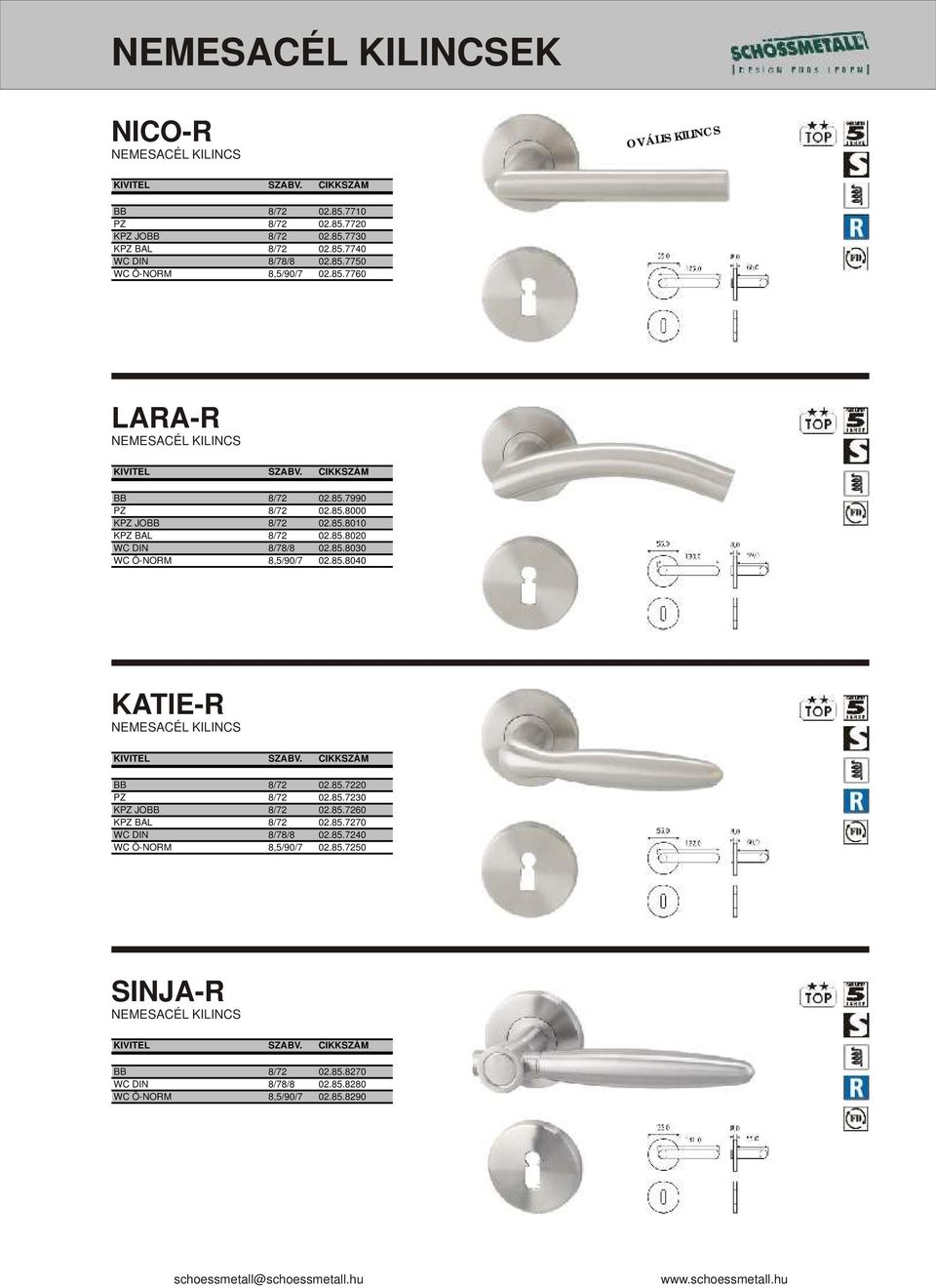 85.8030 WC Ö-NORM 8,5/90/7 02.85.8040 KATIE-R NEMESACÉL KILINCS BB 8/72 02.85.7220 PZ 8/72 02.85.7230 KPZ JOBB 8/72 02.85.7260 KPZ BAL 8/72 02.85.7270 WC DIN 8/78/8 02.
