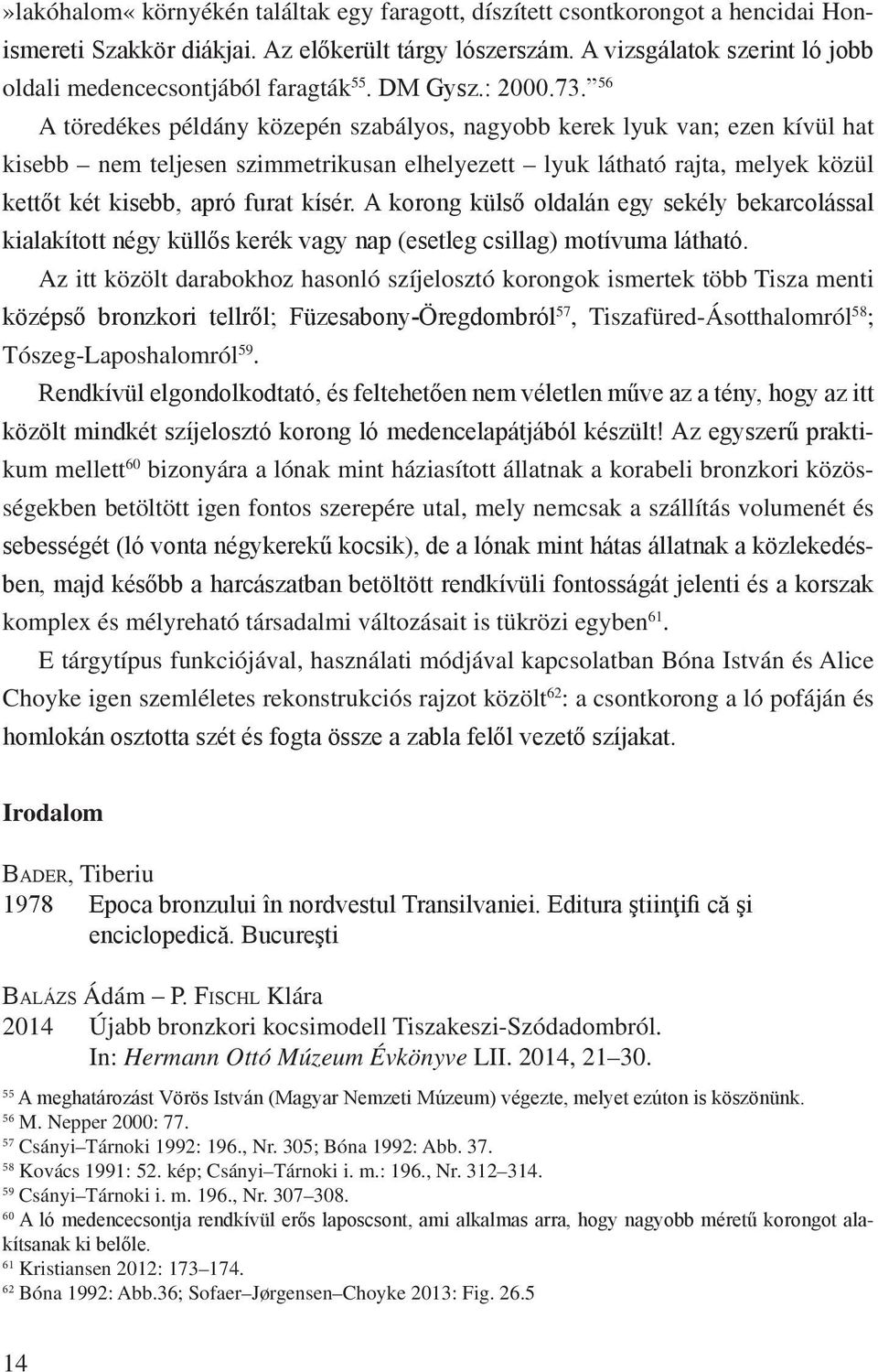 56 A töredékes példány közepén szabályos, nagyobb kerek lyuk van; ezen kívül hat kisebb nem teljesen szimmetrikusan elhelyezett lyuk látható rajta, melyek közül kettőt két kisebb, apró furat kísér.