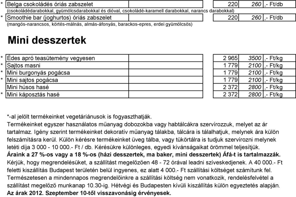 Ft/kg * Mini burgonyás pogácsa 1 779 2100,- Ft/kg * Mini sajtos pogácsa 1 779 2100,- Ft/kg Mini húsos hasé 2 372 2800,- Ft/kg * Mini káposztás hasé 2 372 2800,- Ft/kg *-al jelölt termékeinket