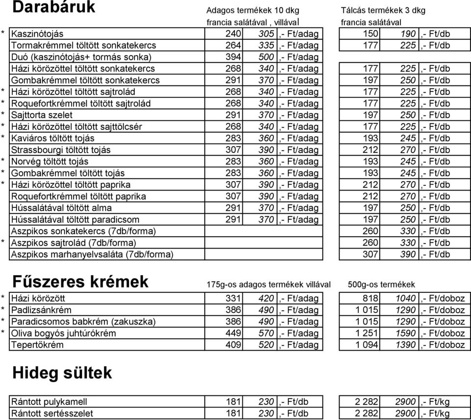 197 250,- Ft/db * Házi körözöttel töltött sajtrolád 268 340,- Ft/adag 177 225,- Ft/db * Roquefortkrémmel töltött sajtrolád 268 340,- Ft/adag 177 225,- Ft/db * Sajttorta szelet 291 370,- Ft/adag 197