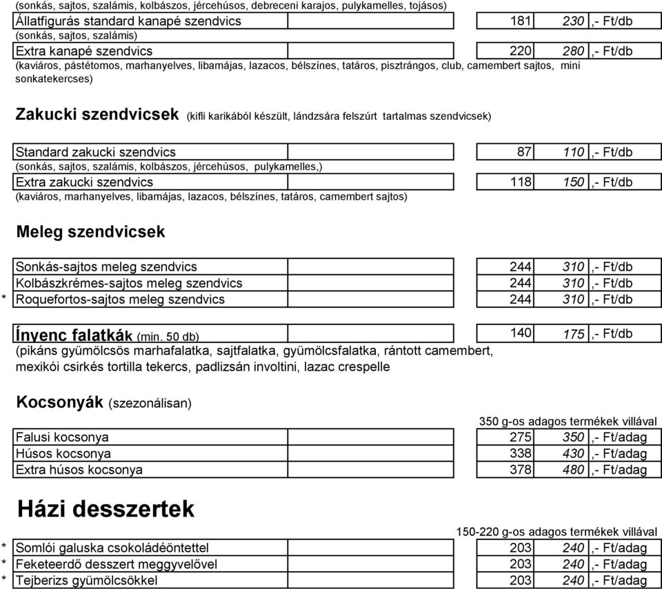 lándzsára felszúrt tartalmas szendvicsek) Standard zakucki szendvics 87 110,- Ft/db (sonkás, sajtos, szalámis, kolbászos, jércehúsos, pulykamelles,) Extra zakucki szendvics 118 150,- Ft/db (kaviáros,