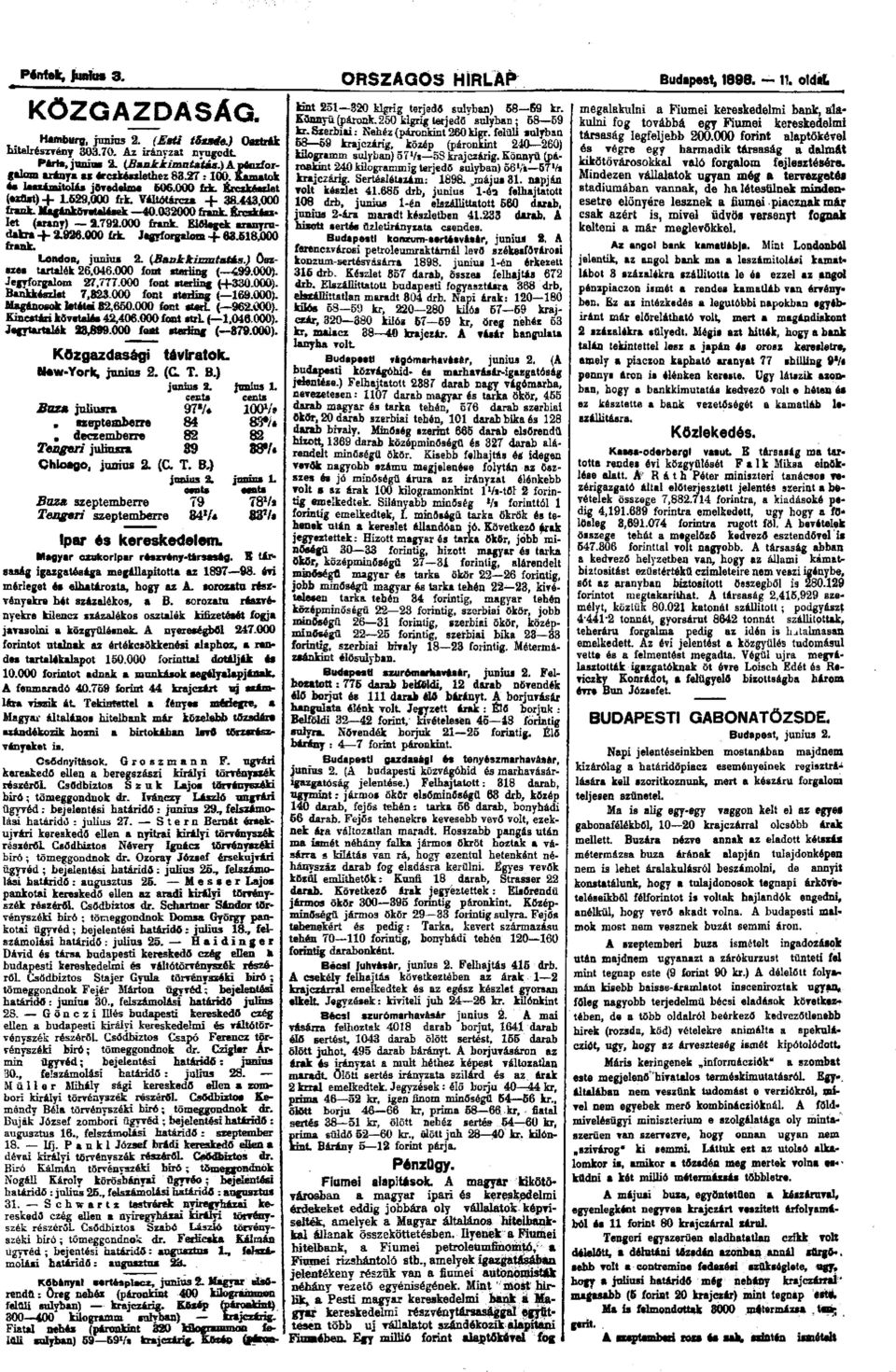 032000 frank. Érczkészlet (arany) 2.792.000 frank. Elölegek aranyrudakra -f- 2.926.000 frk. Jegyforgalom + 63.518,000 frank. London, junius 2. {Bankkimutatás.) öszszes tartalék 26,046.