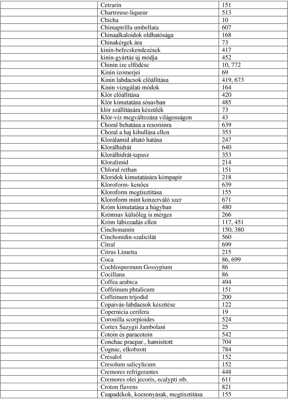 világosságon 43 Choral behatása a resorsinra 639 Choral a haj kihullása ellen 353 Klorálamid altató hatása 247 Klorálhidrát 640 Klorálhidrát-tapasz 353 Kloralimid 214 Chloral rethan 151 Kloridok