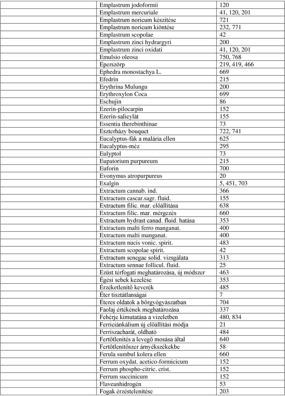 669 Efedrin 215 Erythrina Mulungu 200 Erythroxylon Coca 699 Eschujin 86 Ezerin-pilocarpin 152 Ezerin-salicylát 155 Essentia therebinthinae 73 Eszterházy bouquet 722, 741 Eucalyptus-fák a malária