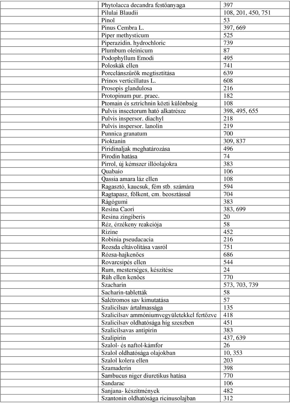 182 Ptomain és sztrichnin közti különbség 108 Pulvis insectorum ható alkatrésze 398, 495, 655 Pulvis inspersor. diachyl 218 Pulvis inspersor.