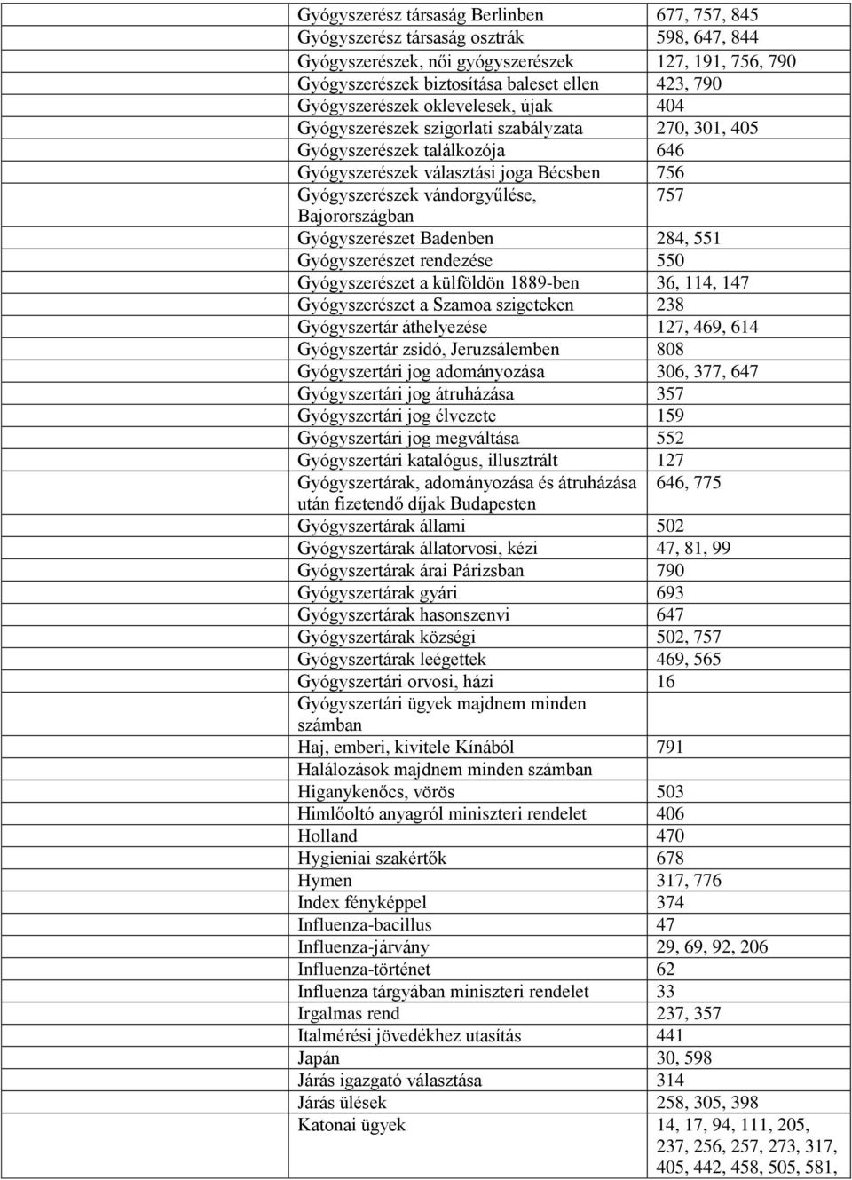 Bajorországban Gyógyszerészet Badenben 284, 551 Gyógyszerészet rendezése 550 Gyógyszerészet a külföldön 1889-ben 36, 114, 147 Gyógyszerészet a Szamoa szigeteken 238 Gyógyszertár áthelyezése 127, 469,