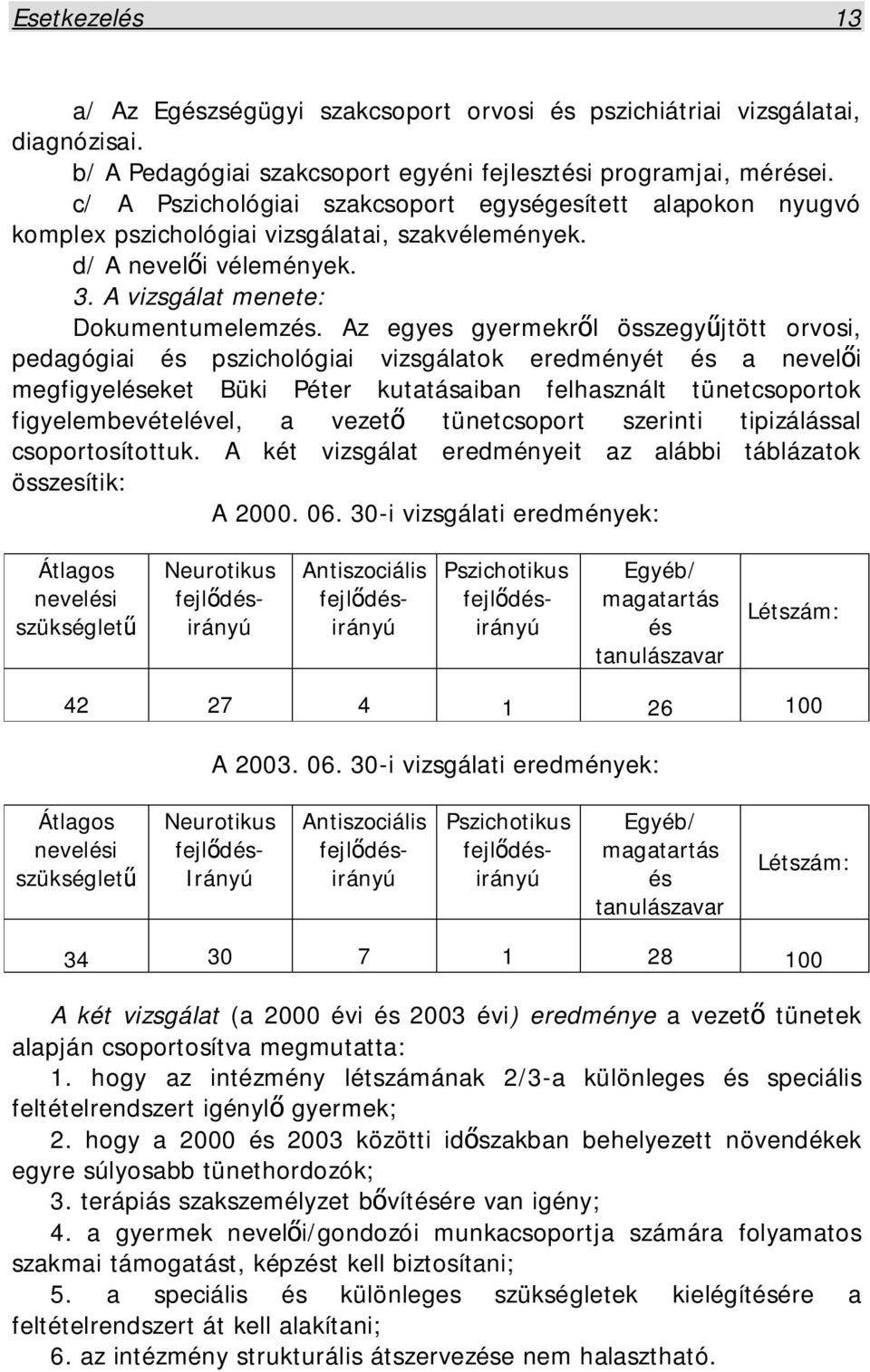 Az egyes gyermekről összegyűjtött orvosi, pedagógiai és pszichológiai vizsgálatok eredményét és a nevelői megfigyeléseket Büki Péter kutatásaiban felhasznált tünetcsoportok figyelembevételével, a