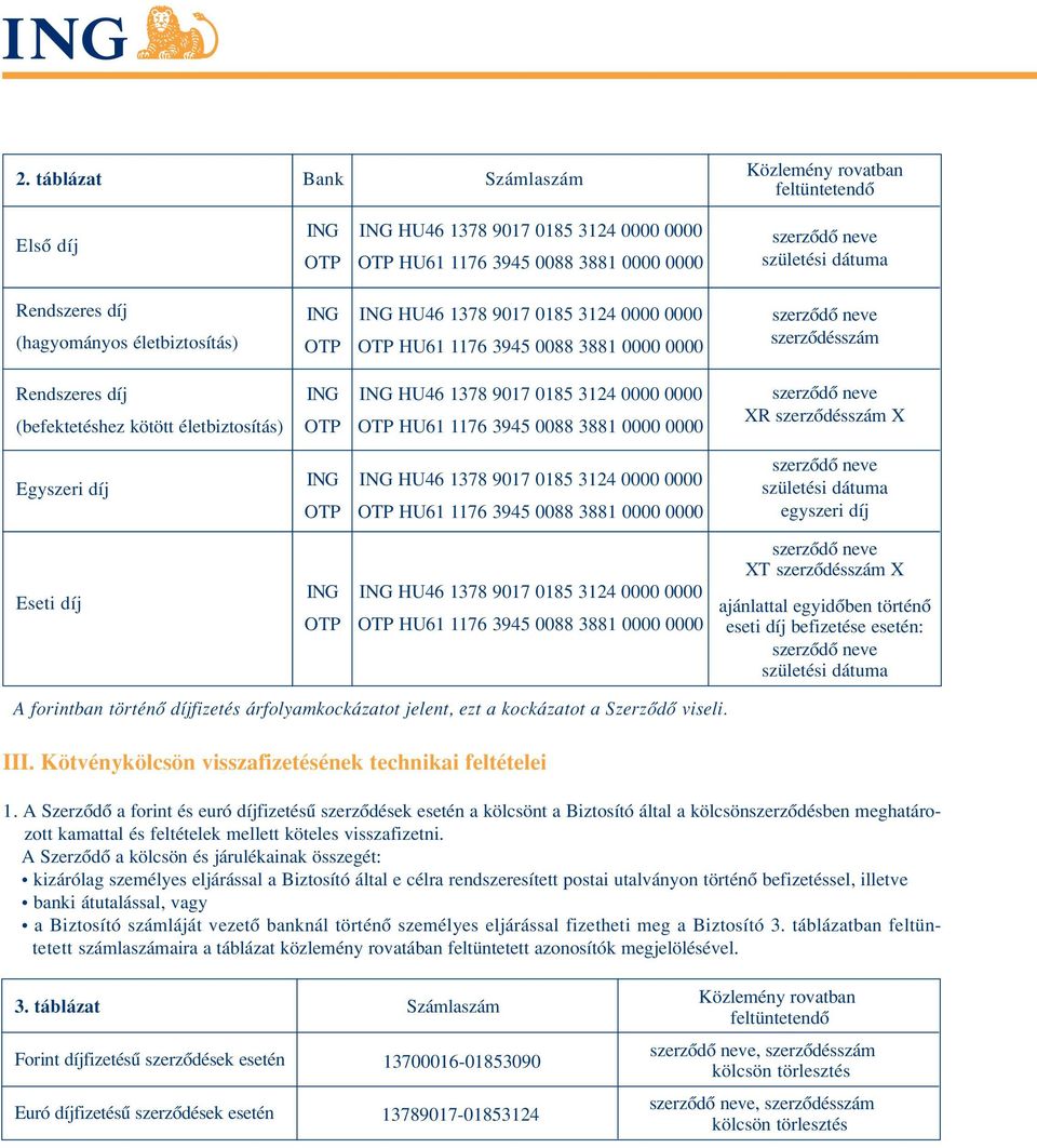 1378 9017 0185 3124 0000 0000 OTP HU61 1176 3945 0088 3881 0000 0000 XR szerzôdésszám X Egyszeri díj ING OTP ING HU46 1378 9017 0185 3124 0000 0000 OTP HU61 1176 3945 0088 3881 0000 0000 születési