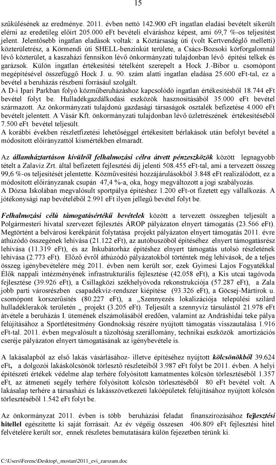 kaszaházi fennsíkon lévő önkormányzati tulajdonban lévő építési telkek és garázsok. Külön ingatlan értékesítési tételként szerepelt a Hock J.-Bíbor u. csomópont megépítésével összefüggő Hock J. u. 90.