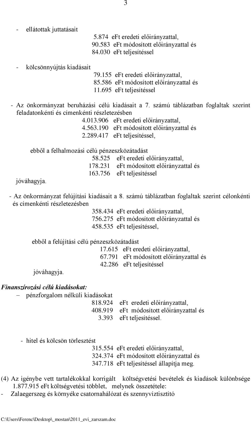 906 eft eredeti előirányzattal, 4.563.190 eft módosított előirányzattal és 2.289.417 eft teljesítéssel, ebből a felhalmozási célú pénzeszközátadást 58.525 eft eredeti előirányzattal, 178.