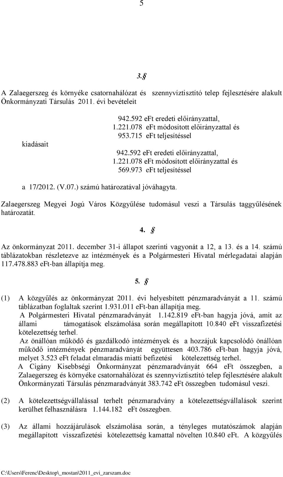 Zalaegerszeg Megyei Jogú Város Közgyűlése tudomásul veszi a Társulás taggyűlésének határozatát. 4. Az önkormányzat 2011. december 31-i állapot szerinti vagyonát a 12, a 13. és a 14.