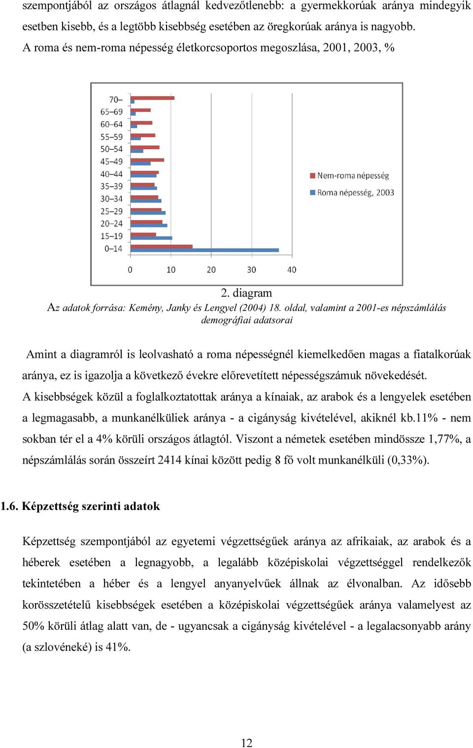 oldal, valamint a 2001-es népszámlálás demográfiai adatsorai Amint a diagramról is leolvasható a roma népességnél kiemelkedően magas a fiatalkorúak aránya, ez is igazolja a következő évekre