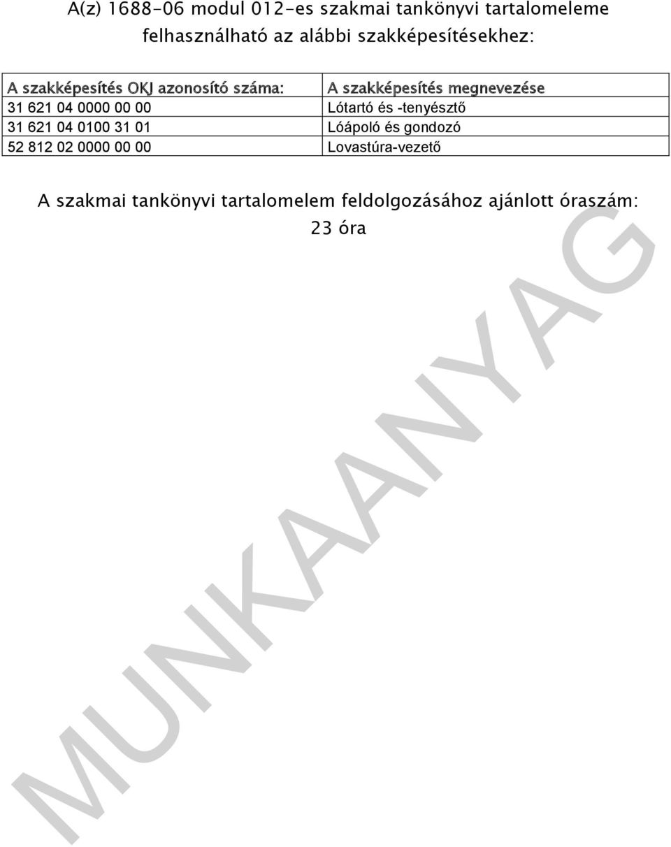 621 04 0000 00 00 Lótartó és -tenyésztő 31 621 04 0100 31 01 Lóápoló és gondozó 52 812 02