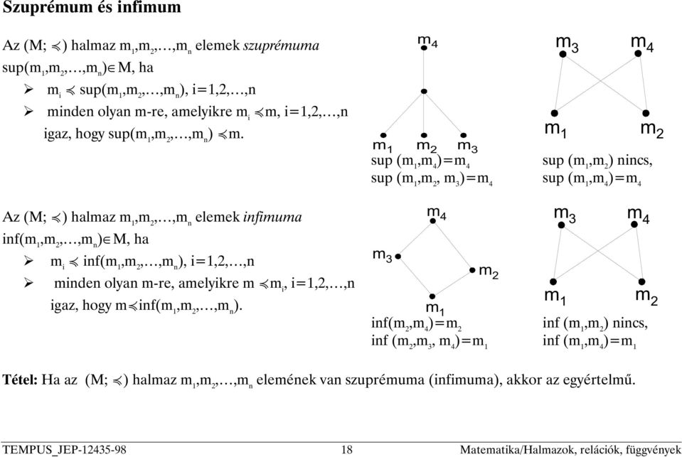 sup (m 1,m 4 )=m 4 sup (m 1,m 2, m 3 )=m 4 sup (m 1,m 2 ) nincs, sup (m 1,m 4 )=m 4 Az (M; º) halmaz m 1,m 2,,m n elemek infimuma inf(m 1,m 2,,m n ) M, ha ¾m i º inf(m 1,m 2,,m n ),