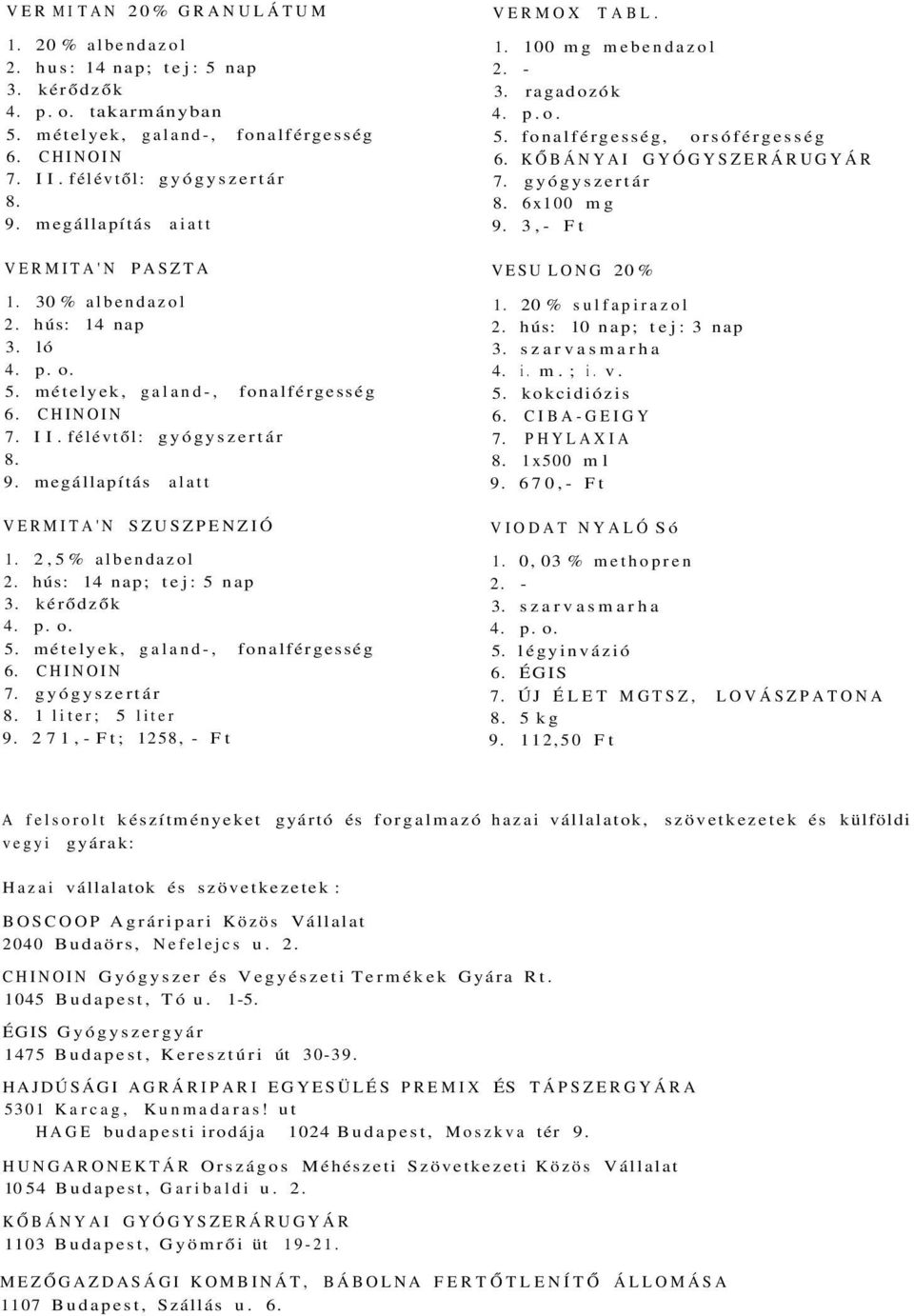 félévtől: gyógyszertár megállapítás alatt VERMITA'N SZUSZPENZIÓ 1. 2,5% albendazol 2. hús: 14 nap; tej: 5 nap 3. kérődzők 5. mételyek, galand-, fonalférgesség 1 liter; 5 liter 271,- Ft; 1258, - Ft 1.