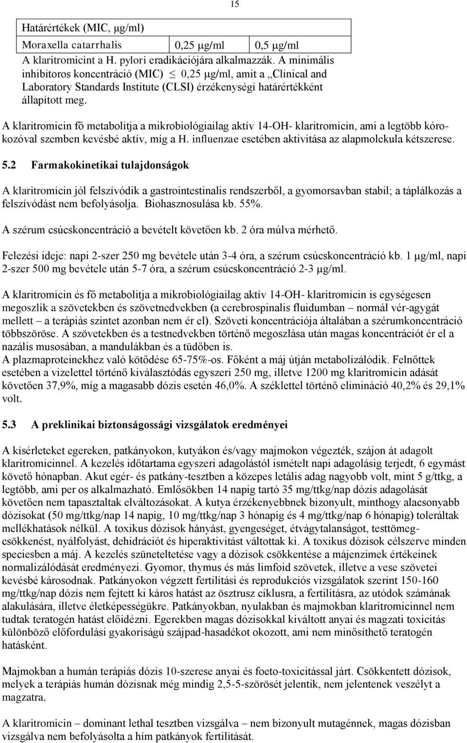 15 A klaritromicin fő metabolitja a mikrobiológiailag aktív 14-OH- klaritromicin, ami a legtöbb kórokozóval szemben kevésbé aktív, míg a H. influenzae esetében aktivitása az alapmolekula kétszerese.