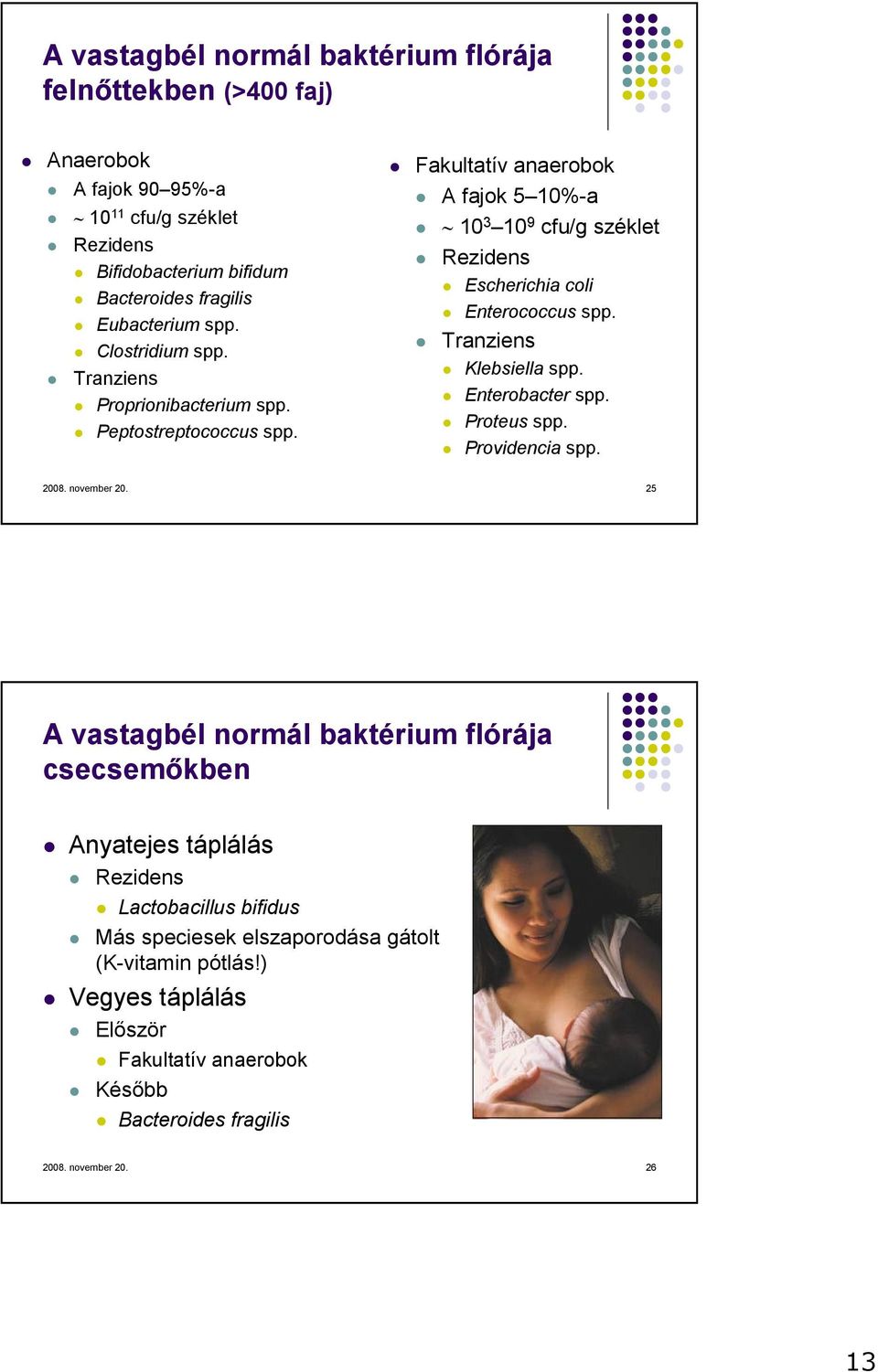 Fakultatív anaerobok A fajok 5 10%-a 10 3 10 9 cfu/g széklet Rezidens Escherichia coli Enterococcus spp. Tranziens Klebsiella spp. Enterobacter spp. Proteus spp.