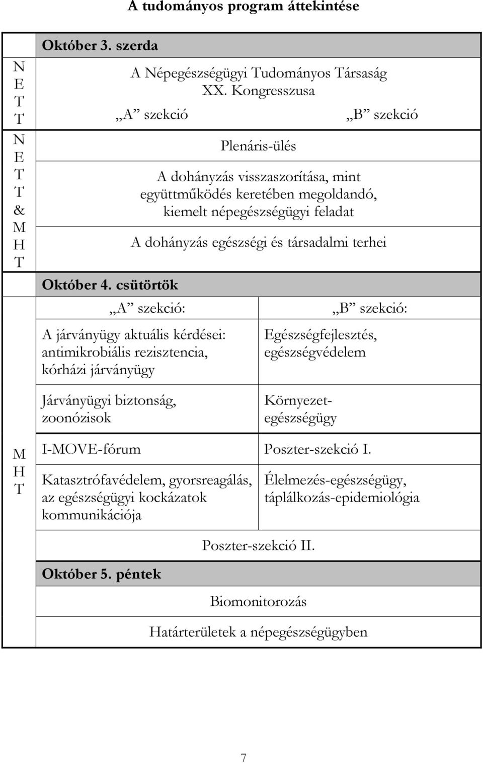 aktuális kérdései: antimikrobiális rezisztencia, kórházi járványügy B szekció: Egészségfejlesztés, egészségvédelem Járványügyi biztonság, zoonózisok Környezetegészségügy M H T I-MOVE-fórum