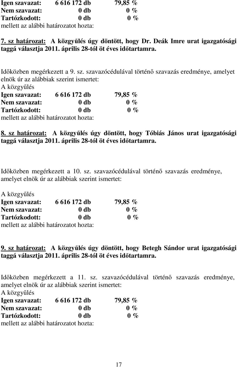 szavazócédulával történő szavazás eredménye, amelyet elnök úr az alábbiak szerint ismertet: 9. sz határozat: úgy döntött, hogy Betegh Sándor urat igazgatósági taggá választja 2011.