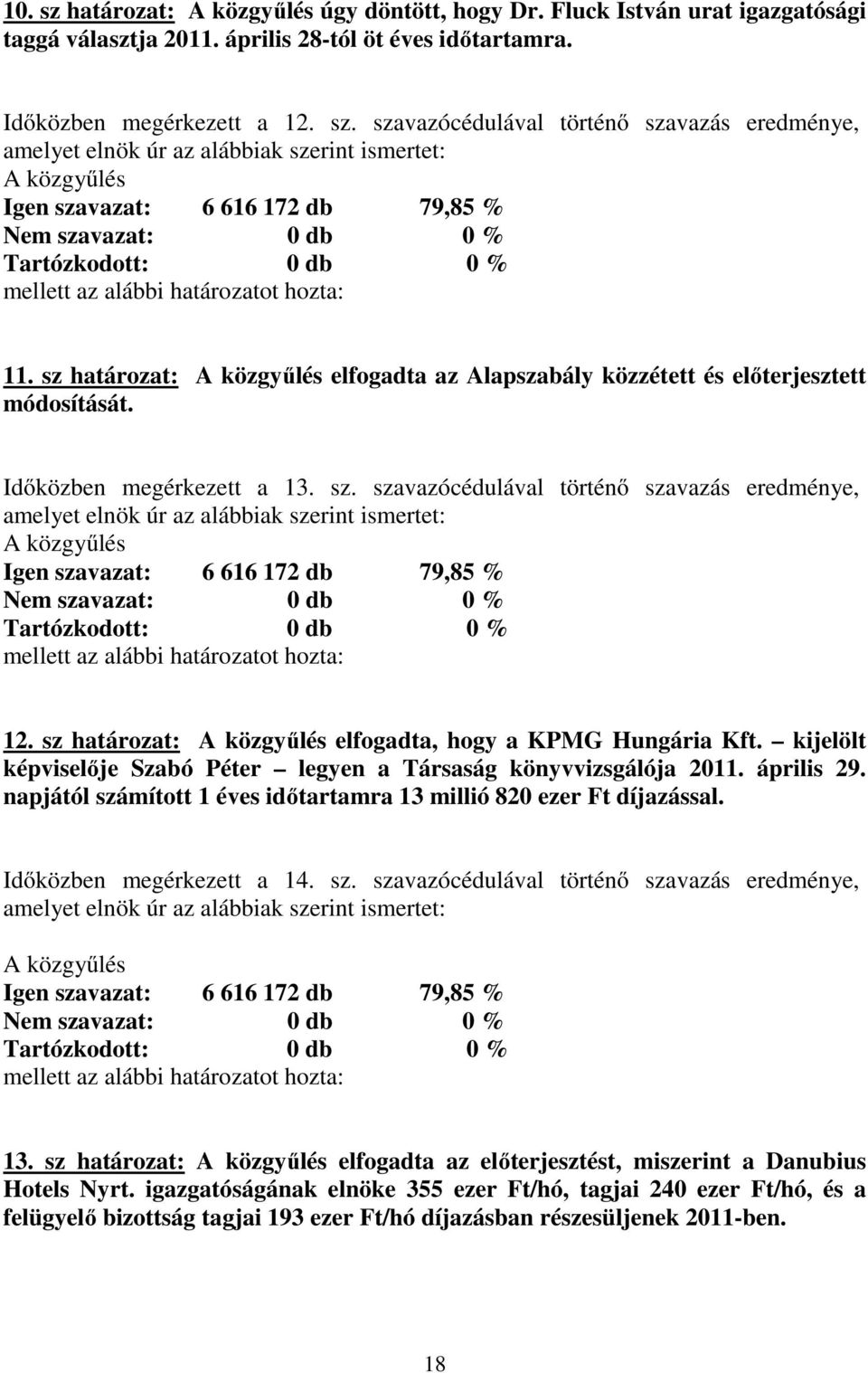 szavazócédulával történő szavazás eredménye, amelyet elnök úr az alábbiak szerint ismertet: 12. sz határozat: elfogadta, hogy a KPMG Hungária Kft.