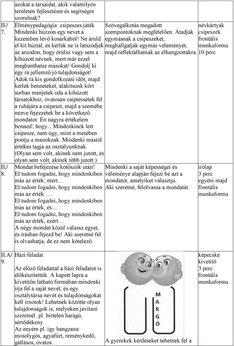 Adok rá kis gondolkozási időt, majd kérlek benneteket, alakítsunk kört sorban menjetek oda a kihúzott társatokhoz, óvatosan csíptessétek fel a ruhájára a csipeszt, majd a szemébe nézve fejezzétek be